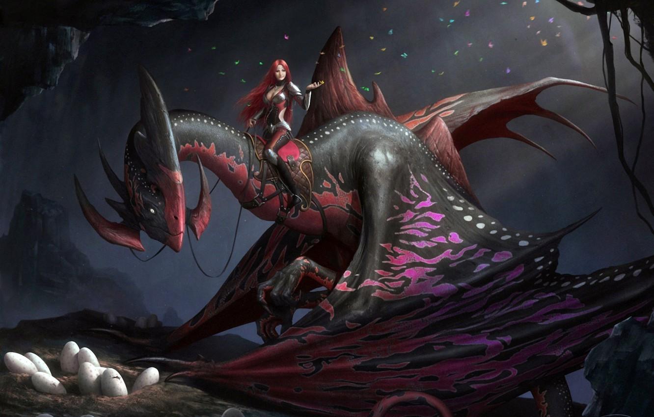 Wallpaper dark, girl, fantasy, Dragon, horns, wings, rider
