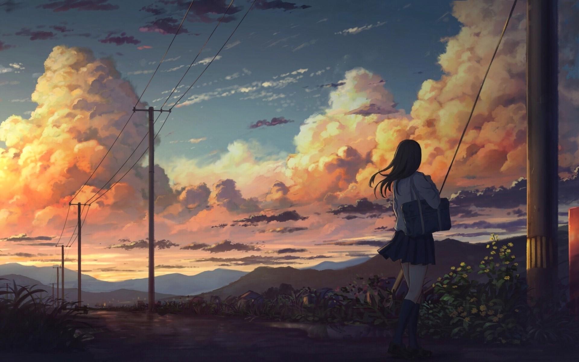Anime Scenery Wallpaper Landscape With Girl, HD Wallpaper