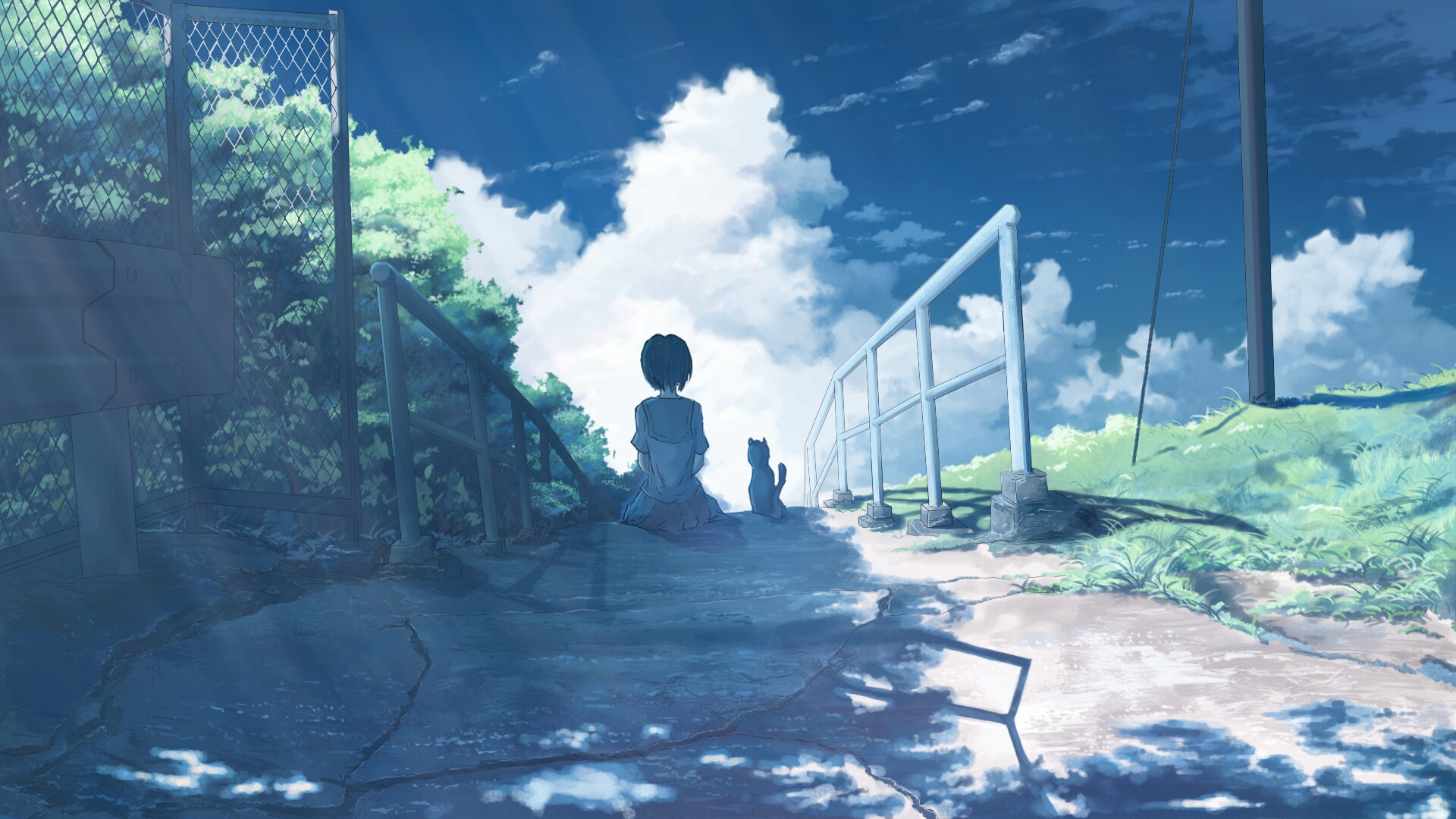 #anime girls, #fence, #artwork, #landscape, #sky