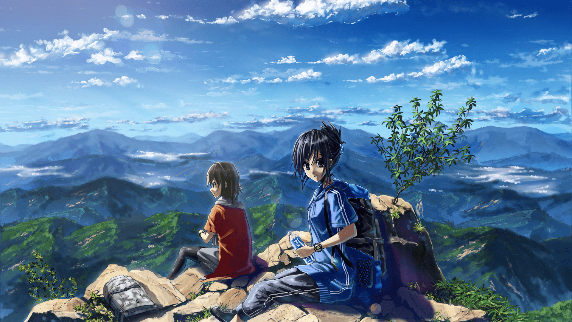 Anime Landscape, Mountains, Clouds, Sky, Girl, Hiking