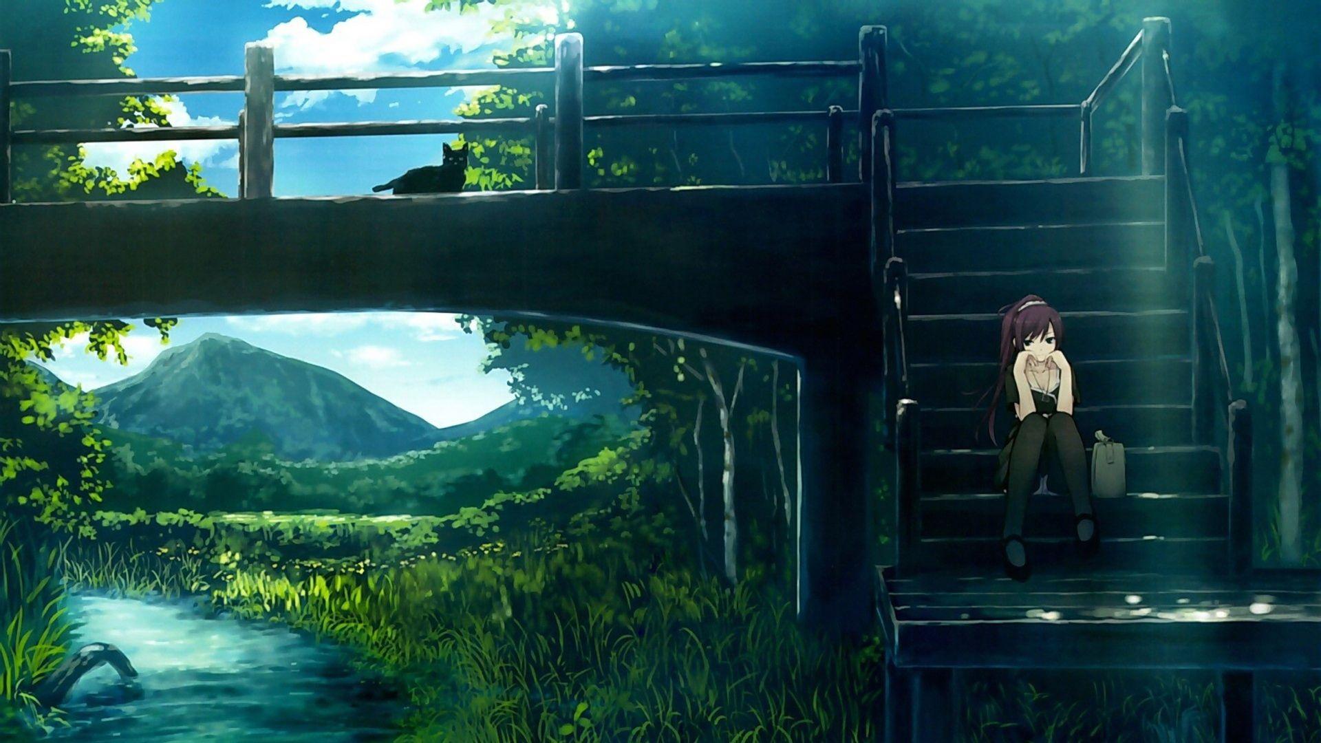 Wallpaper monogatari, girl, landscape. Anime