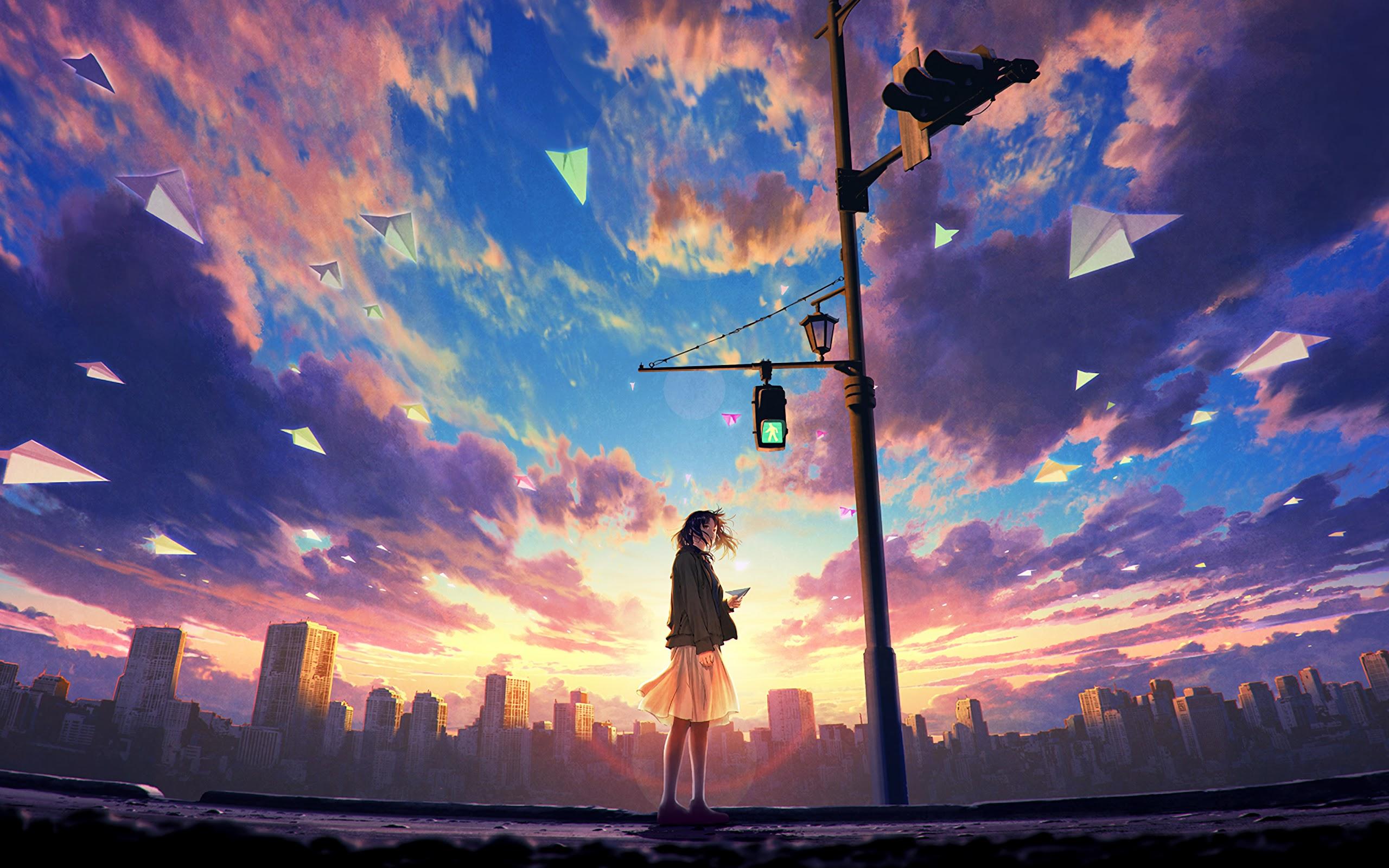 Anime Girl Sky Clouds Sunrise Scenery 4K Wallpaper