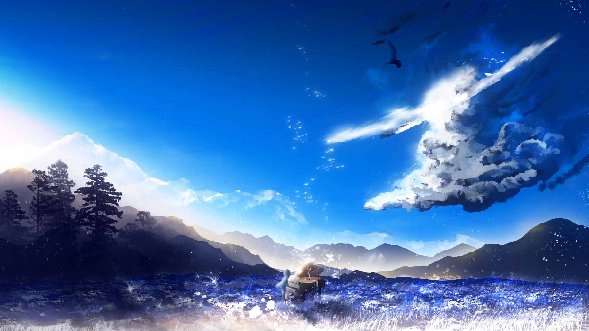 Download 1920x1080 Anime Landscape, Anime Girl, Playing