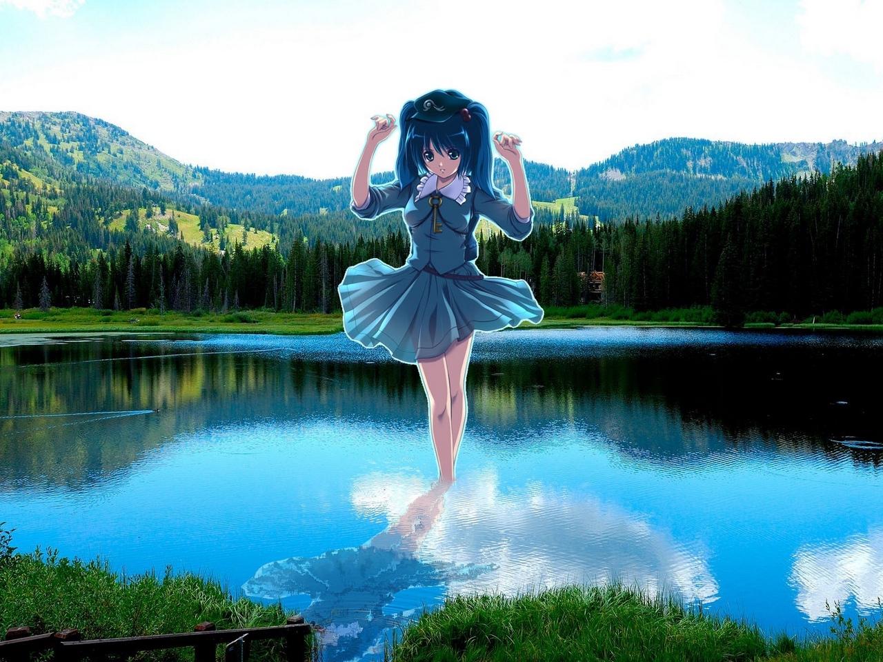 Download wallpaper 1280x960 anime, girl, model, lake