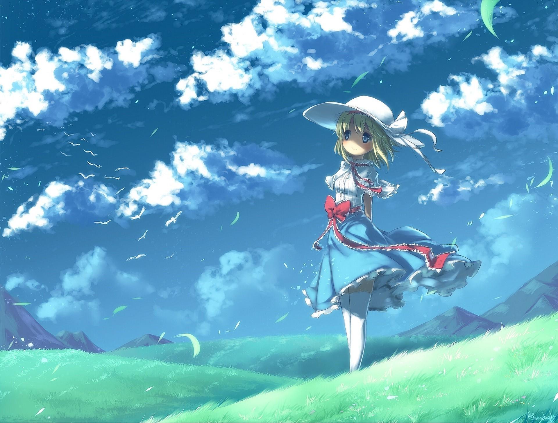 anime girls field dress landscape clouds sky birds wallpaper