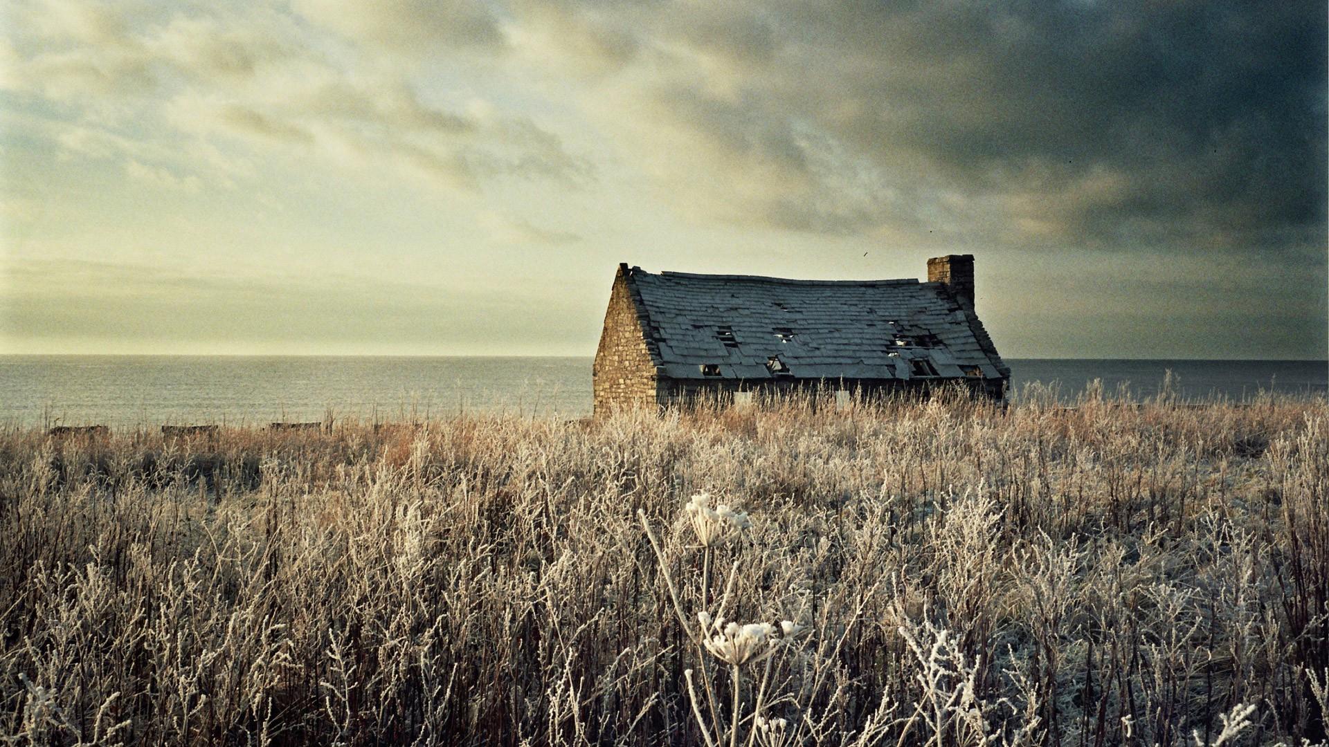 coast, Field, Frost, Winter, Building, Ruin, Abandoned, Sea