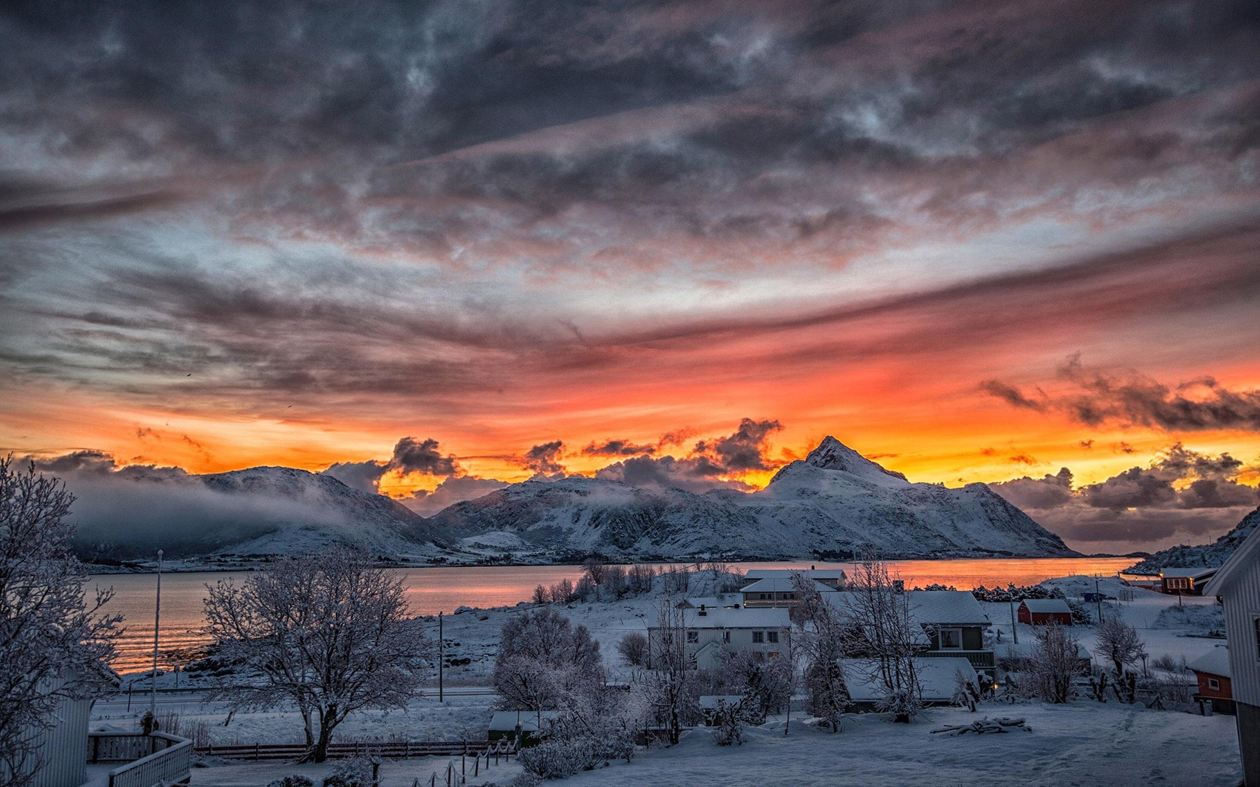 Northern Norway Winter Snow Mountains With Rural Houses