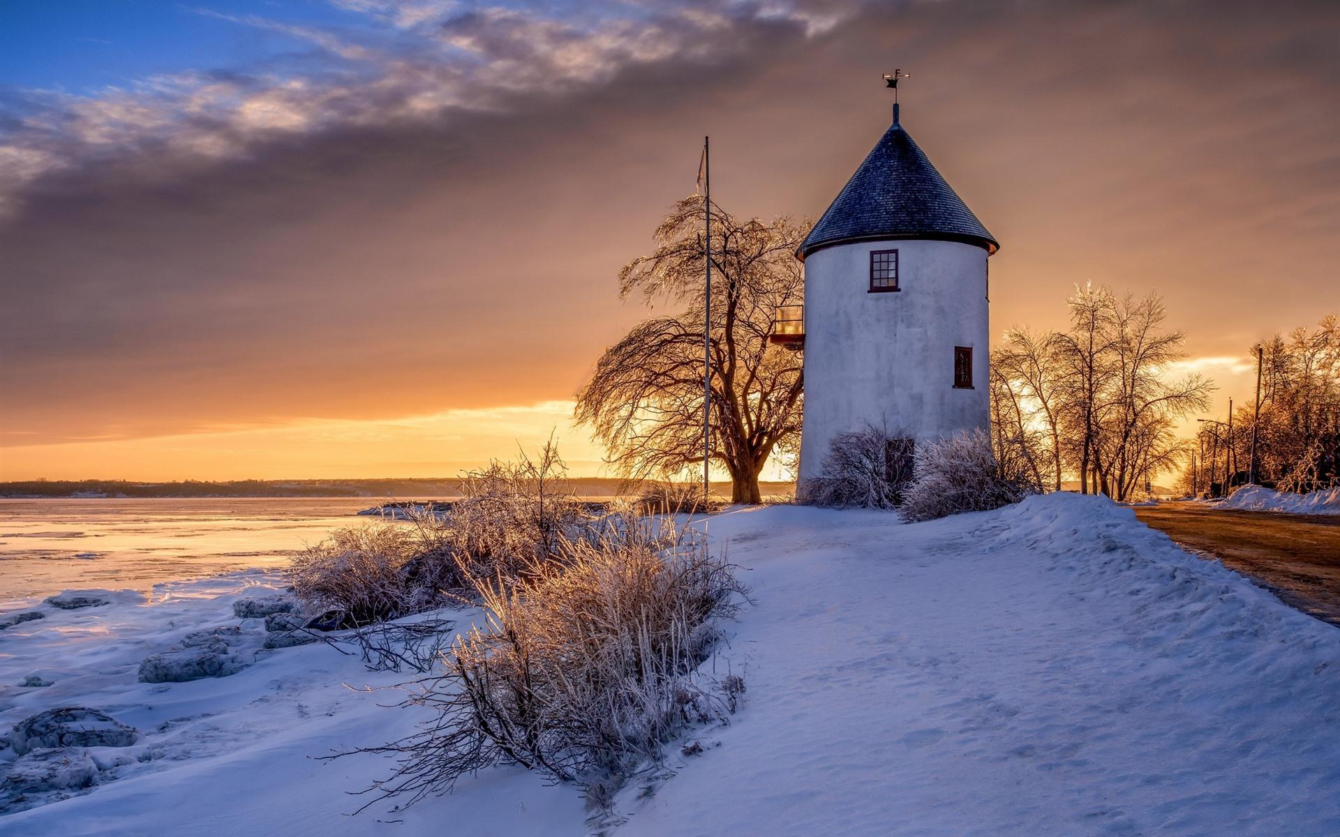 Wallpaper Canada, windmill, snow, sunset, winter 1920x1200