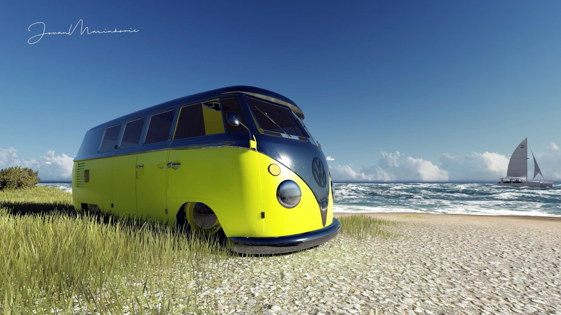 Volkswagen, Beach, VW Kombi, Yellow, Car, Render Wallpaper