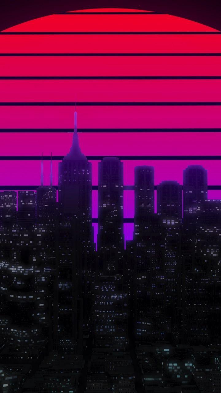 Moon, cityscape, skyscrapers, skyline, neon, retro, 720x1280