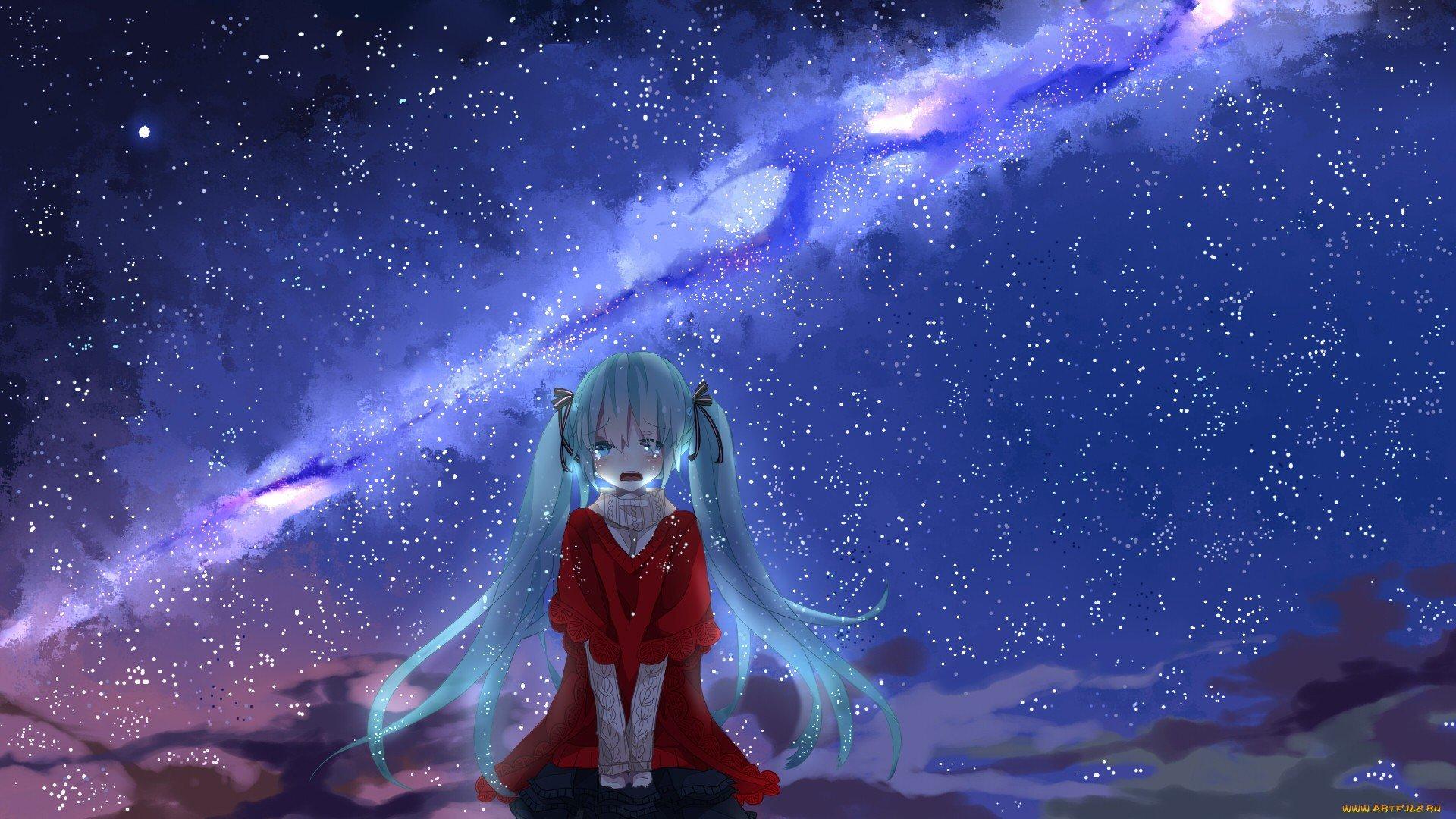 Cry anime girl cute long blue hair beautiful sky stars