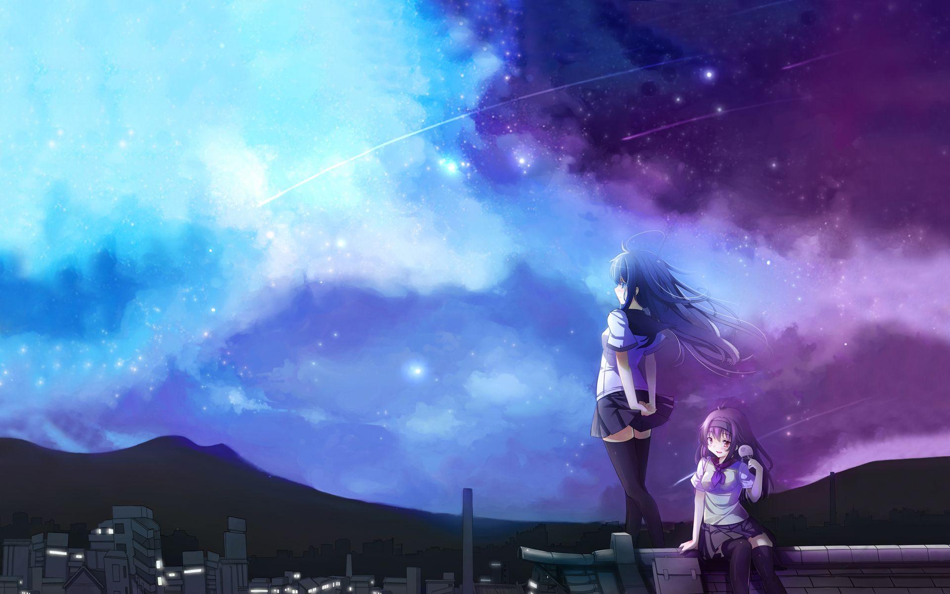 the distance, lights, night, pretty, roof top, sitting, sky, standing. Beautiful night sky, Night sky wallpaper, Sky anime