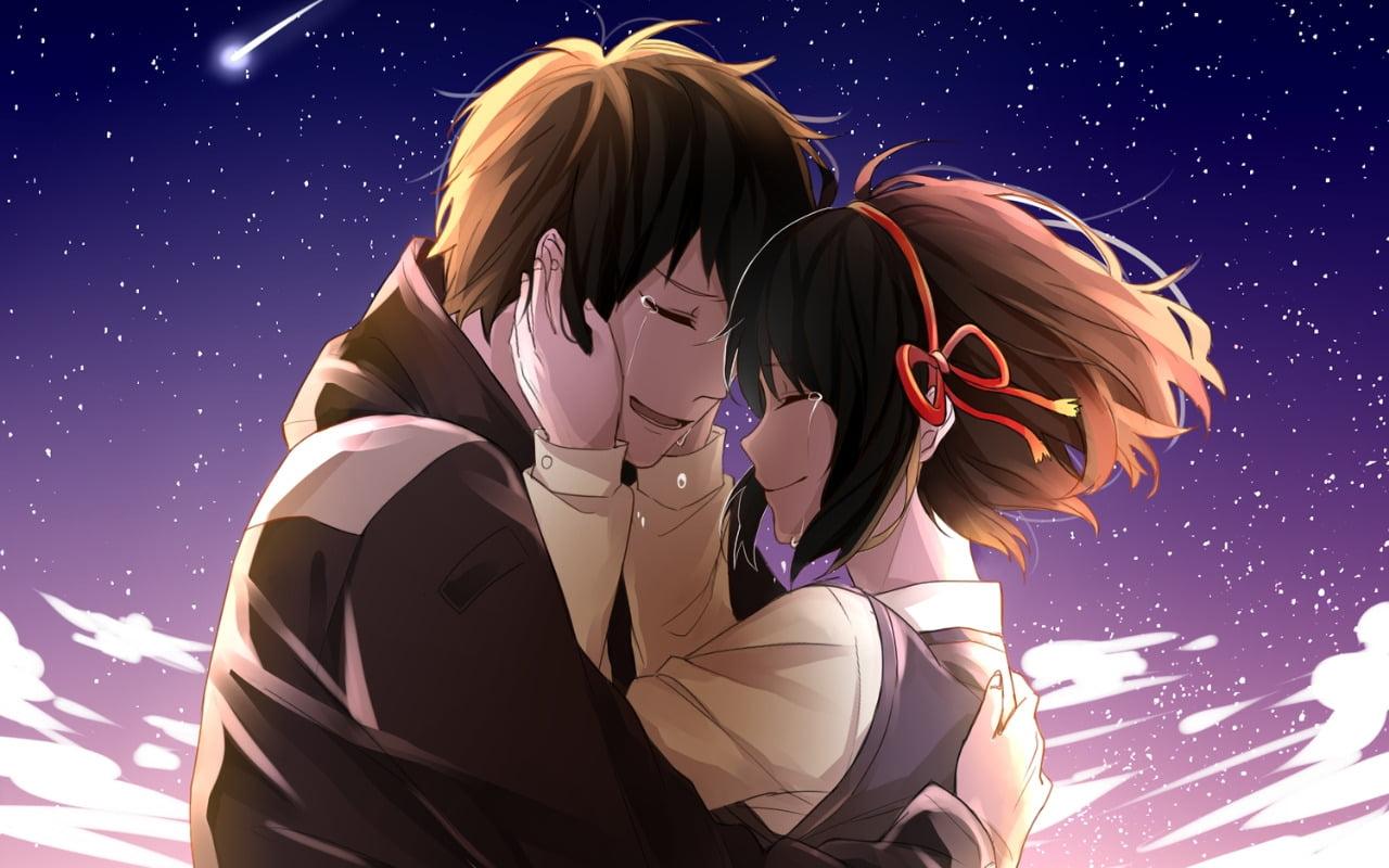 Brown haired anime lover digital wallpaper, anime, couple, crying