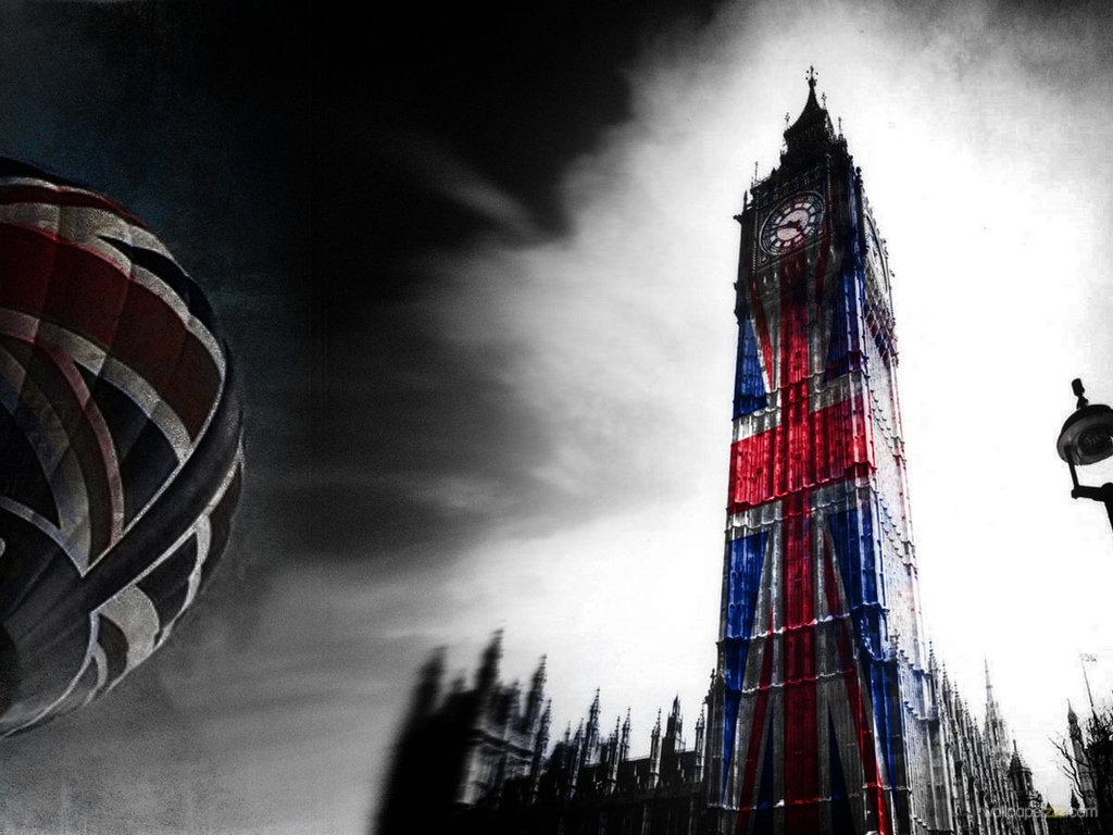 Download London Big Ben With GB Flag Wallpaper