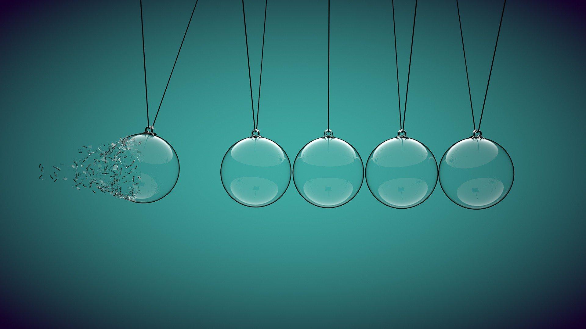 minimalism, Blue background, Glass, Ball, Ropes, Broken, Sphere, Isaac Newton, Physics HD Wallpaper / Desktop and Mobile Image & Photo