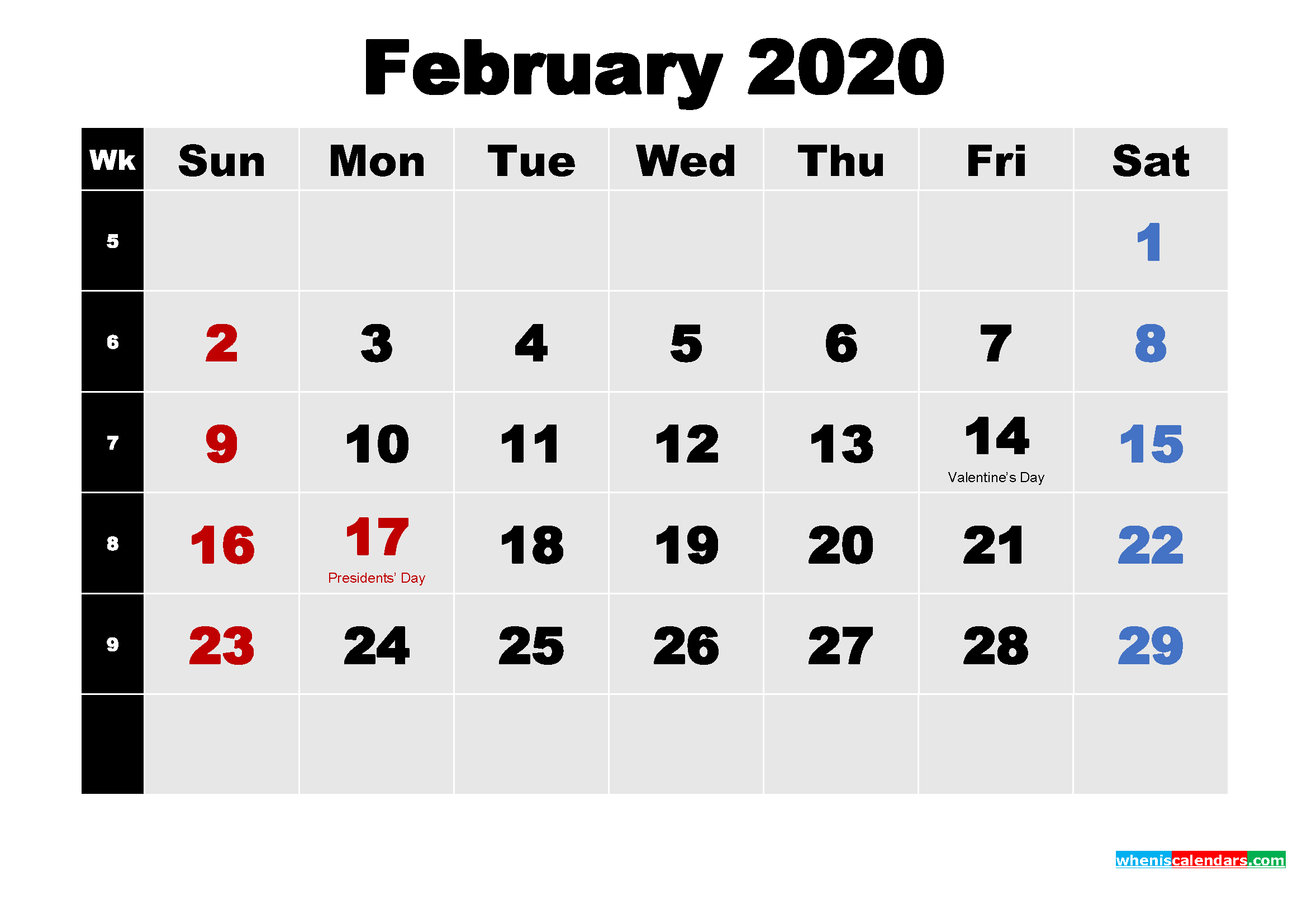 Free download Printable 2020 Calendar with Holidays February