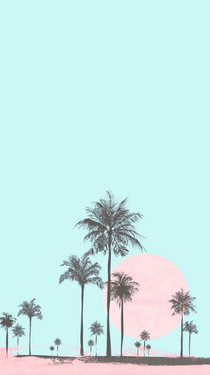 blue background, black palm trees, cute wallpaper for girls, pink sun. Pastel background wallpaper, Pastel background, Summer wallpaper
