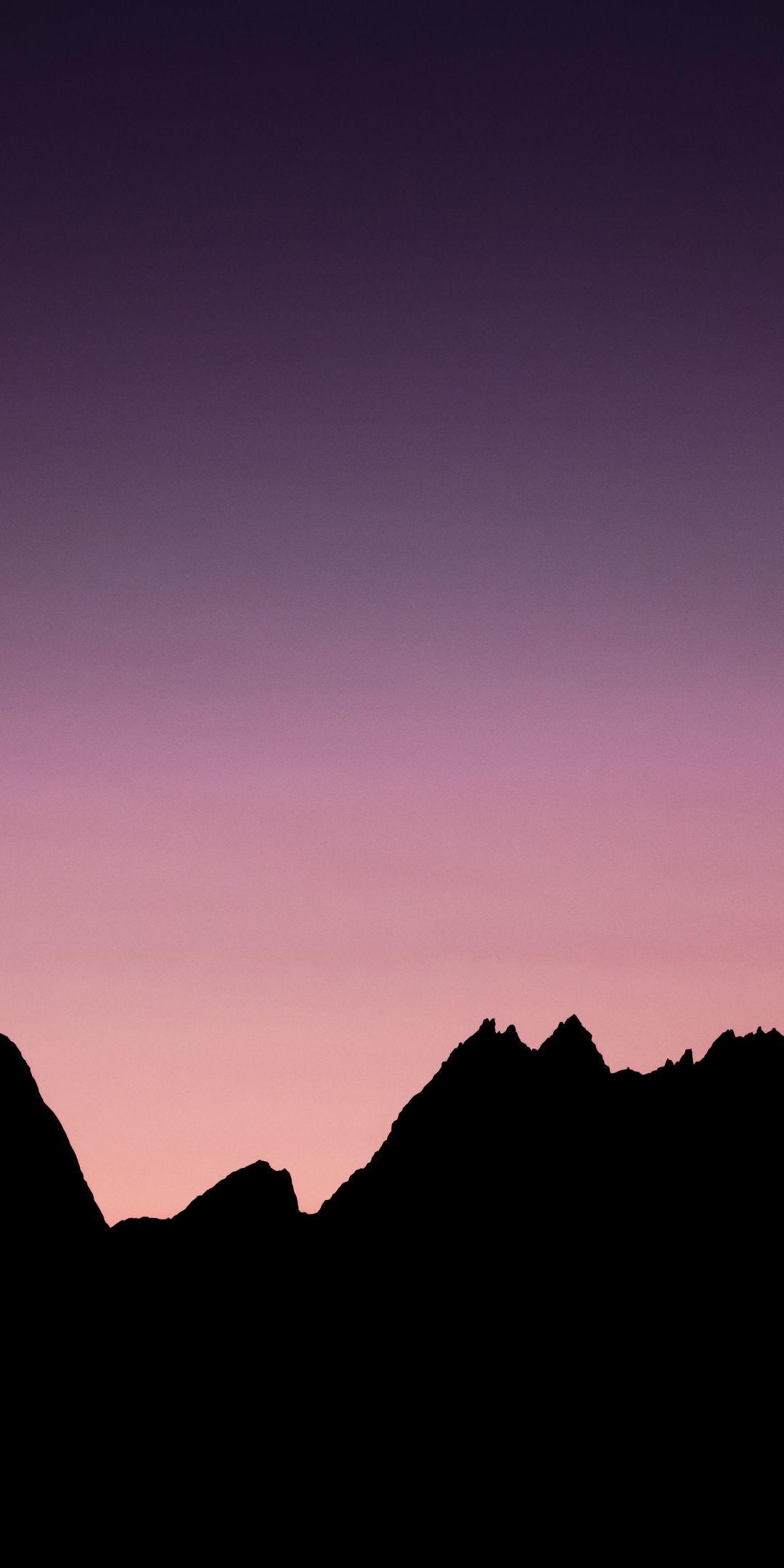 Purple sky, sunset, mountains, silhouette, 1080x2160