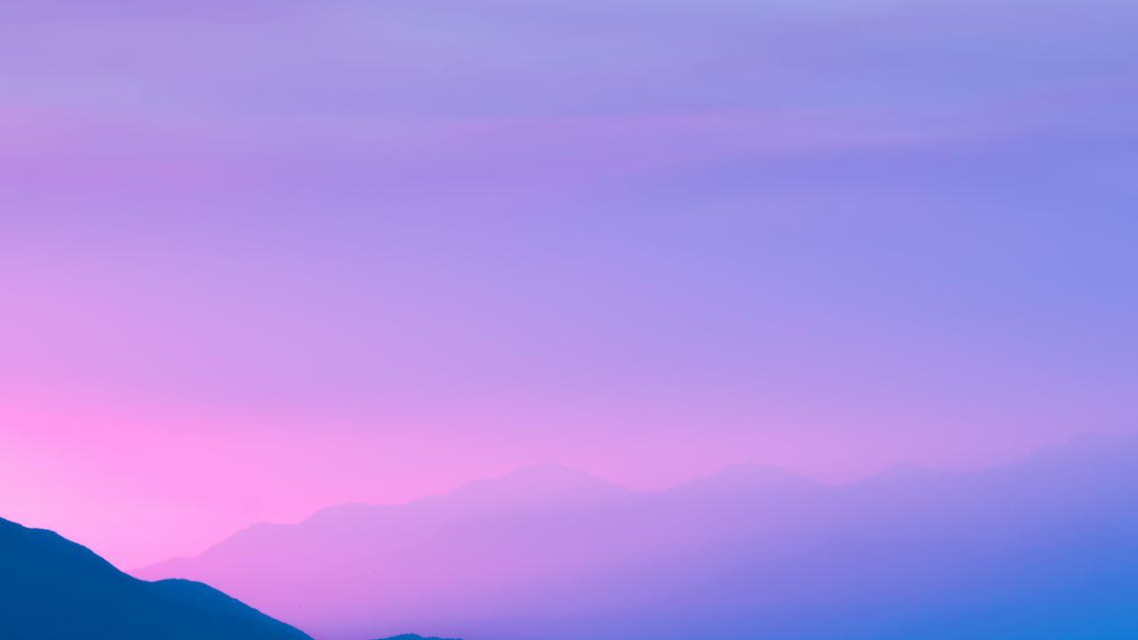 Wallpaper Mountains, Foggy, Purple sky, Sunset, Silhouette