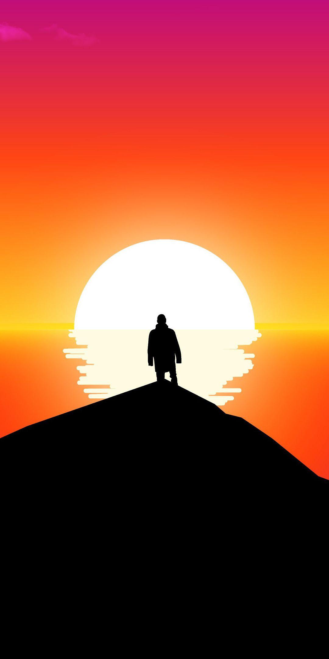 Into the horizon, man, sunset, silhouette, hill, art