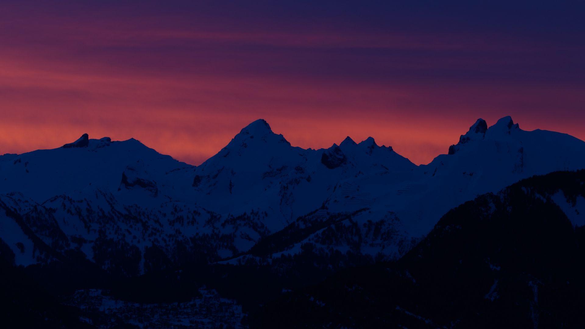 Desktop wallpaper mountains, sunset, silhouette, evening, HD