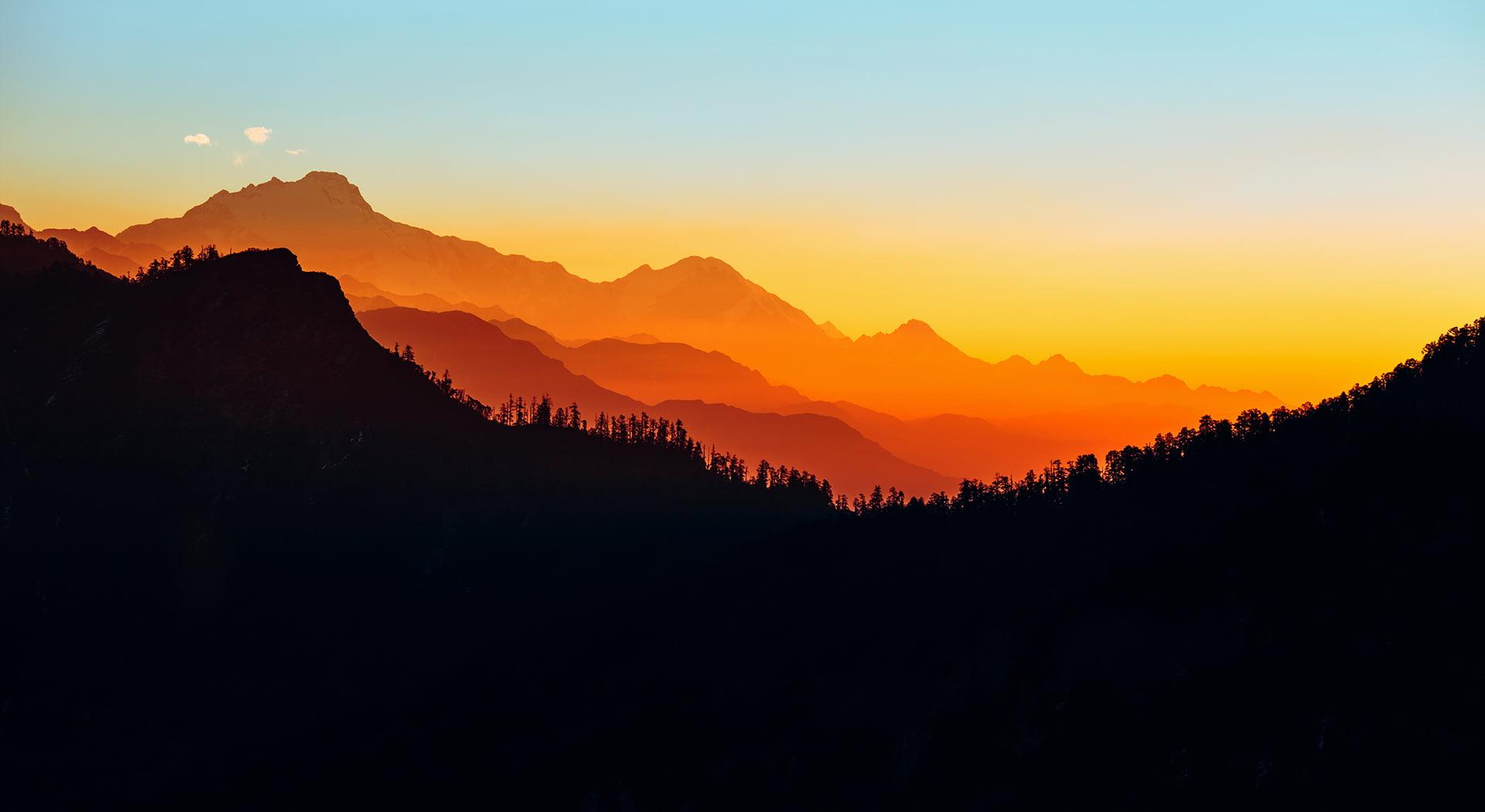 Silhouette of mountain range, mountains, Nepal, sunset.