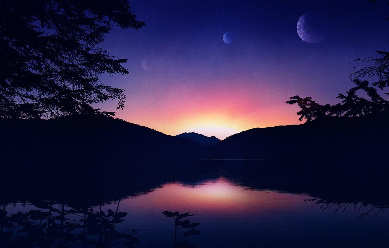 Wallpaper Sunset, Water, Reflection, Mountains, Lake, Trees