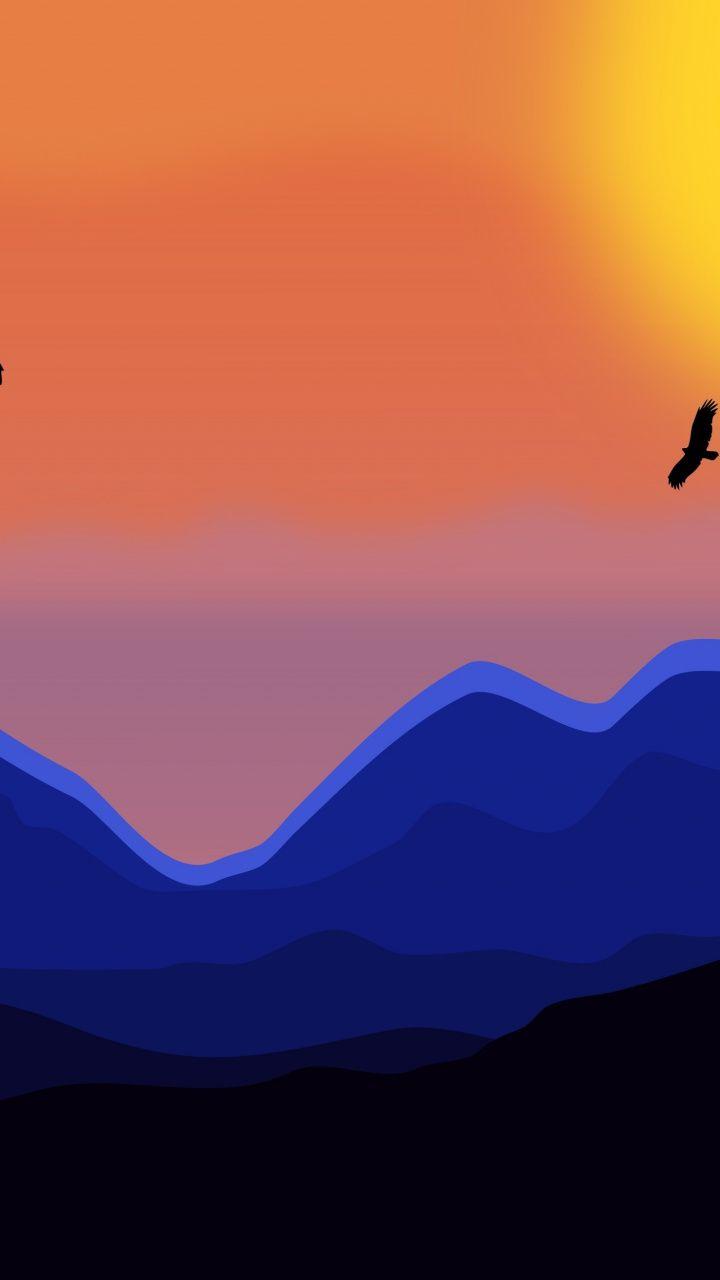 Silhouettes, mountains, birds, sunset, digital art, 720x1280