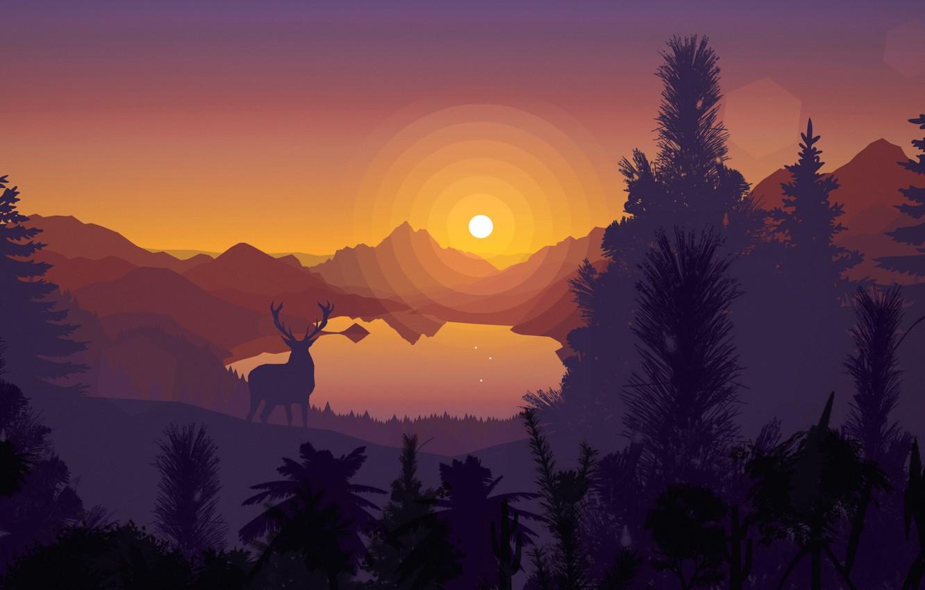 Wallpaper sunset, mountains, lake, vector, deer, silhouette