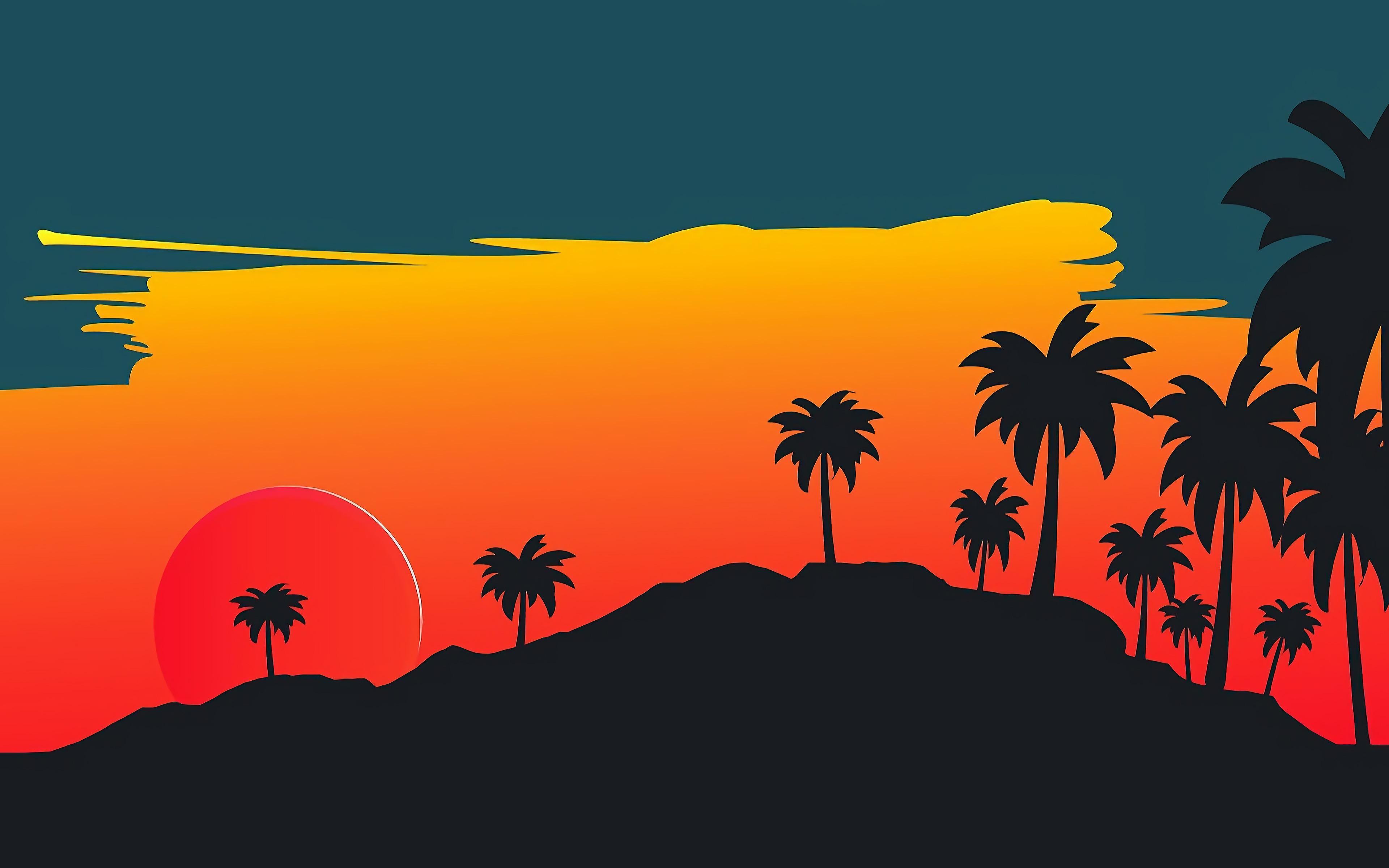4k, Sunset, Silhouettes Of Palms, Bright Sun, Mountains, , HD