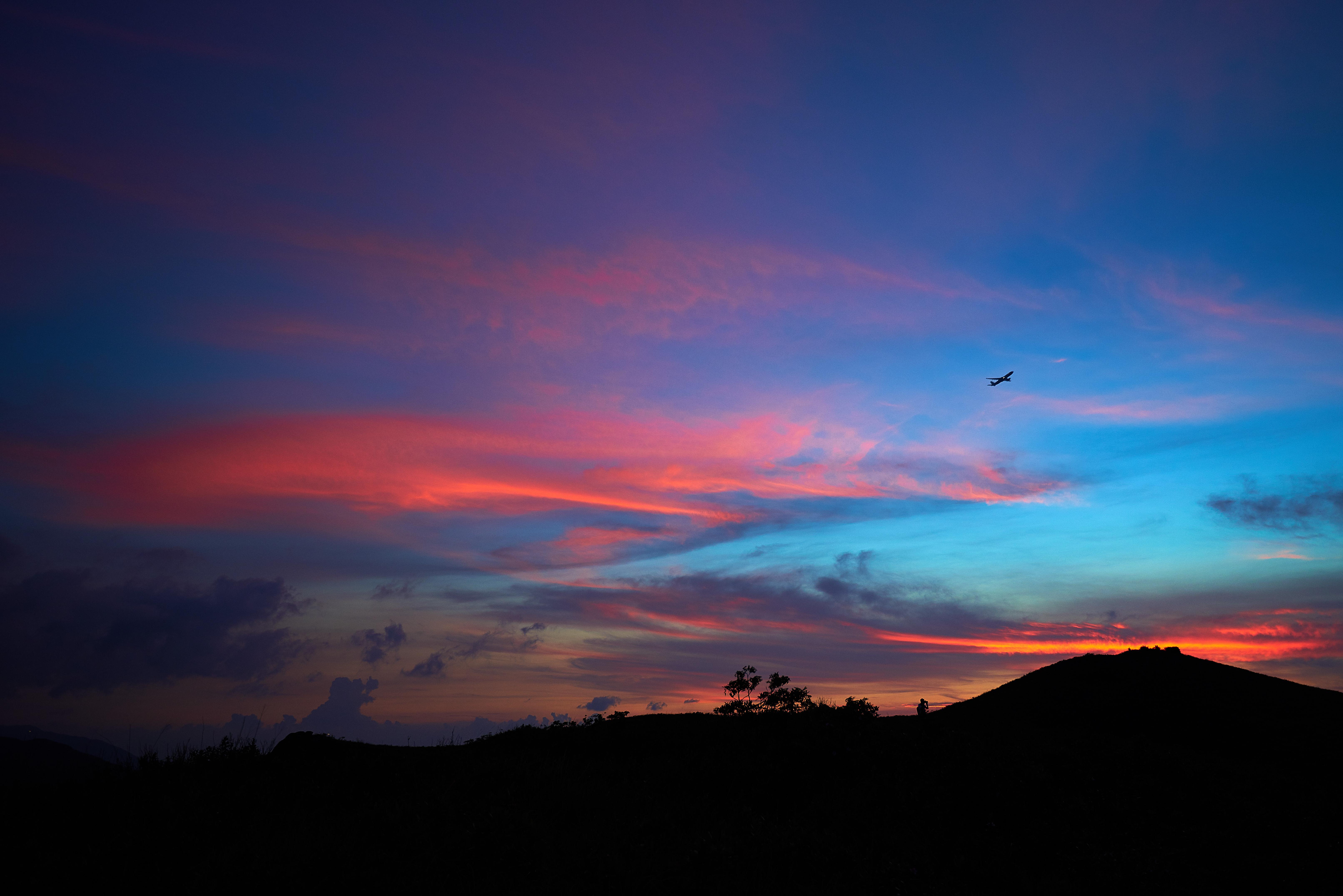 Silhouettes, Plane, Horizon, Mountain, Sunset, Landscape