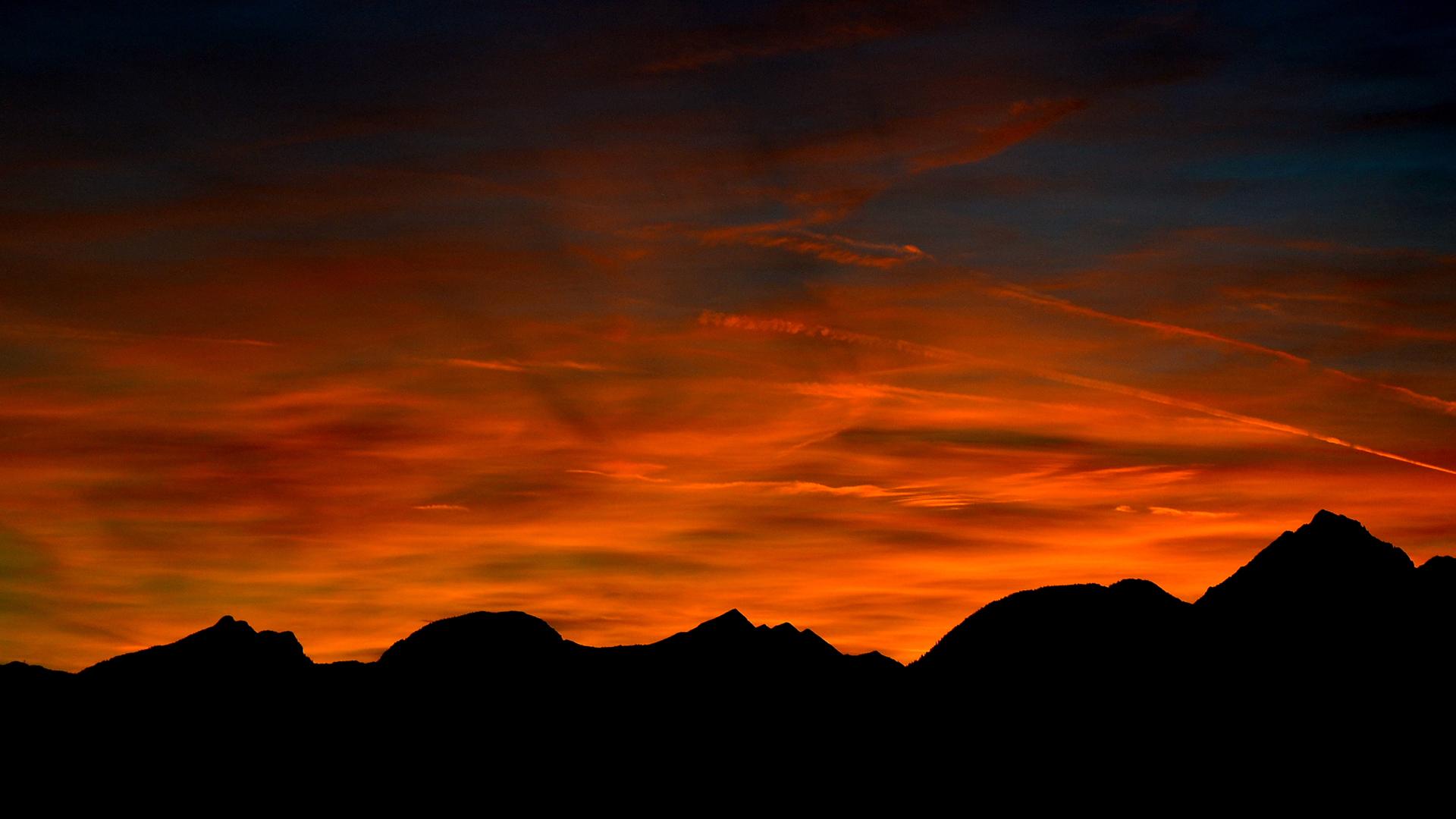 Sunset Orange Mountains Silhouette HD wallpaper