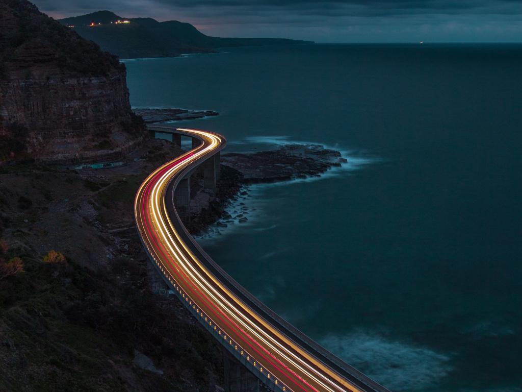 Desktop wallpaper lights, bridge, coast, night, HD image