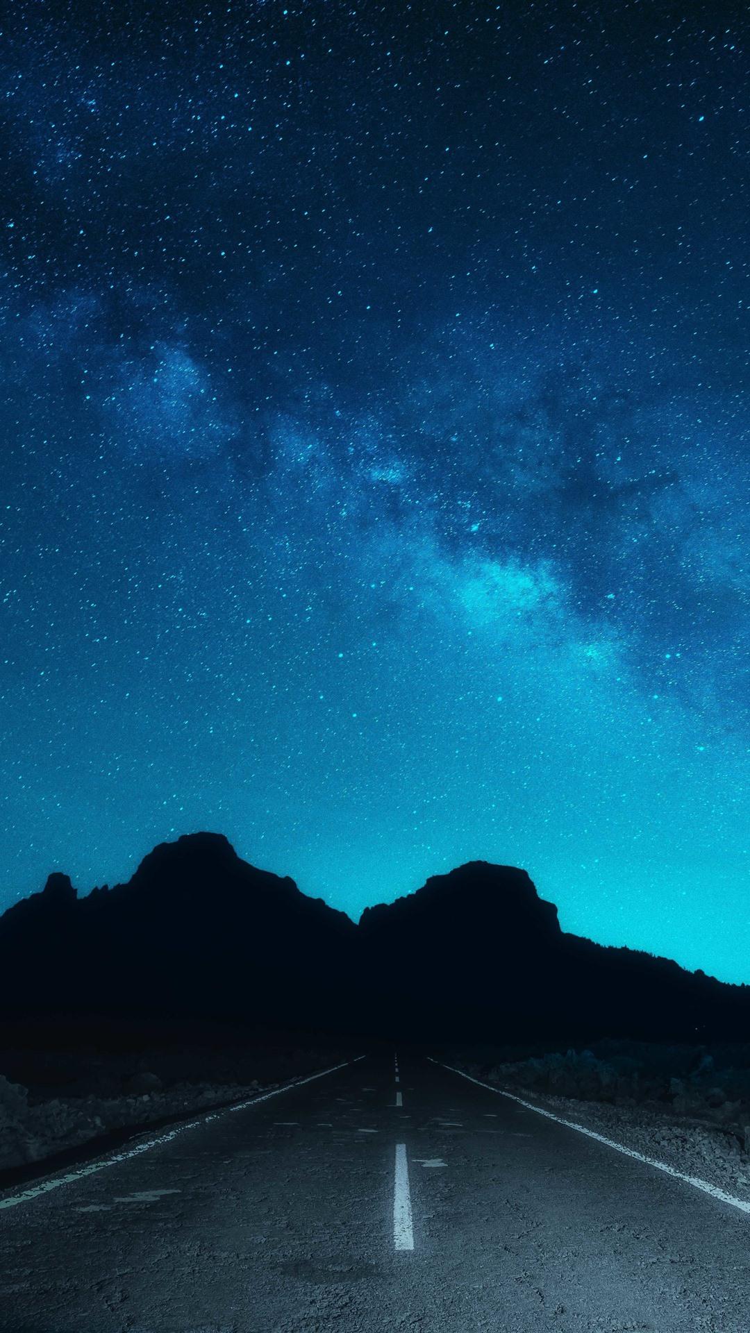 Beautiful night sky, starry, road 1242x2688 iPhone XS Max