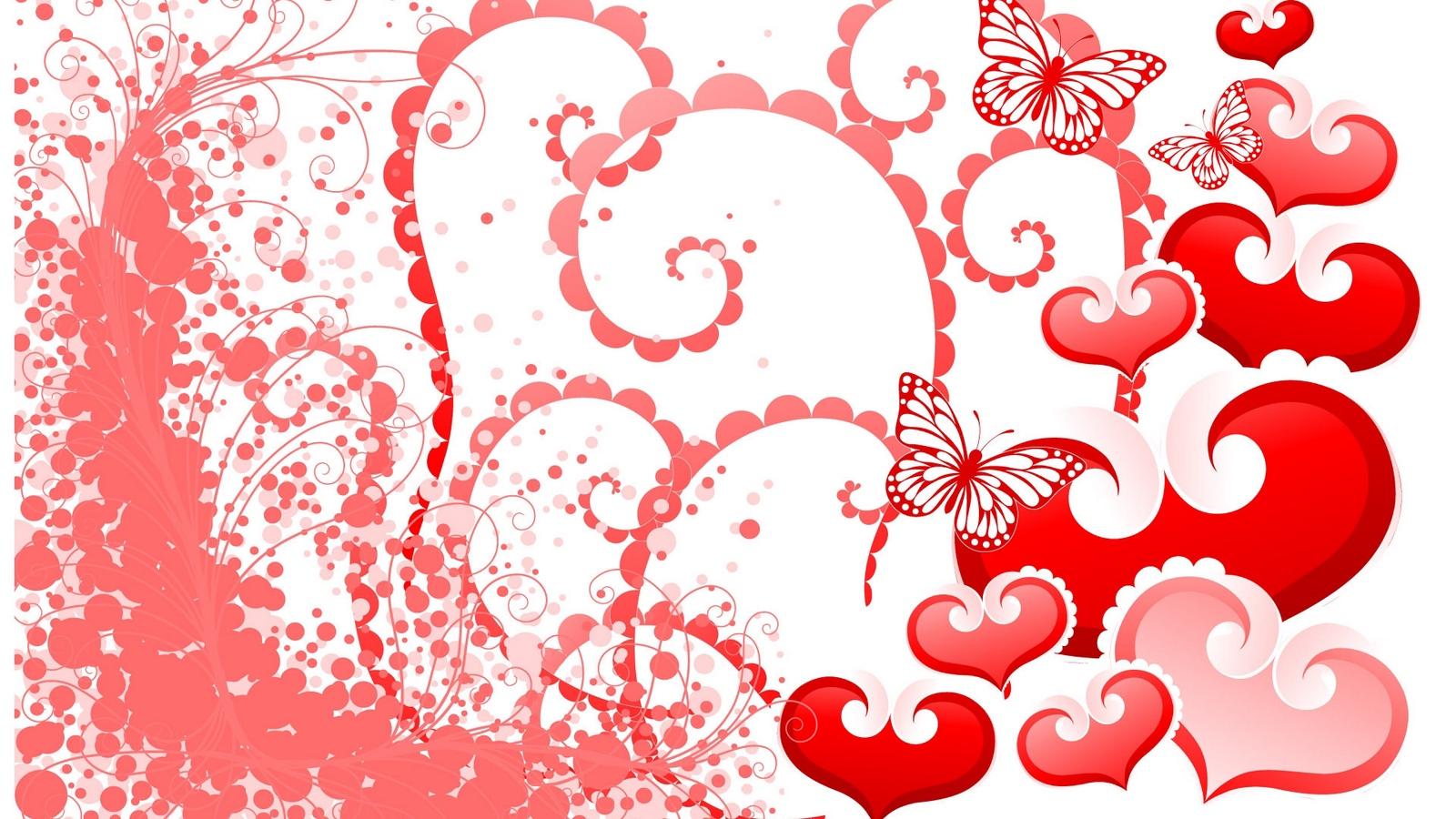 Download wallpaper 1600x900 hearts, butterflies, background