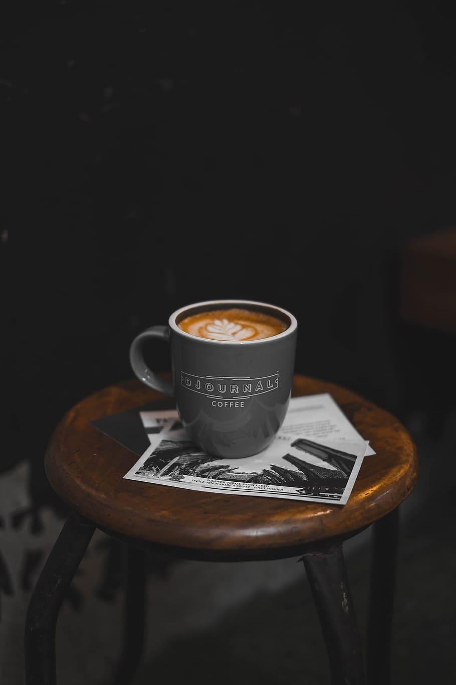 HD wallpaper: black coffee mug filed with espresso coffee, stool