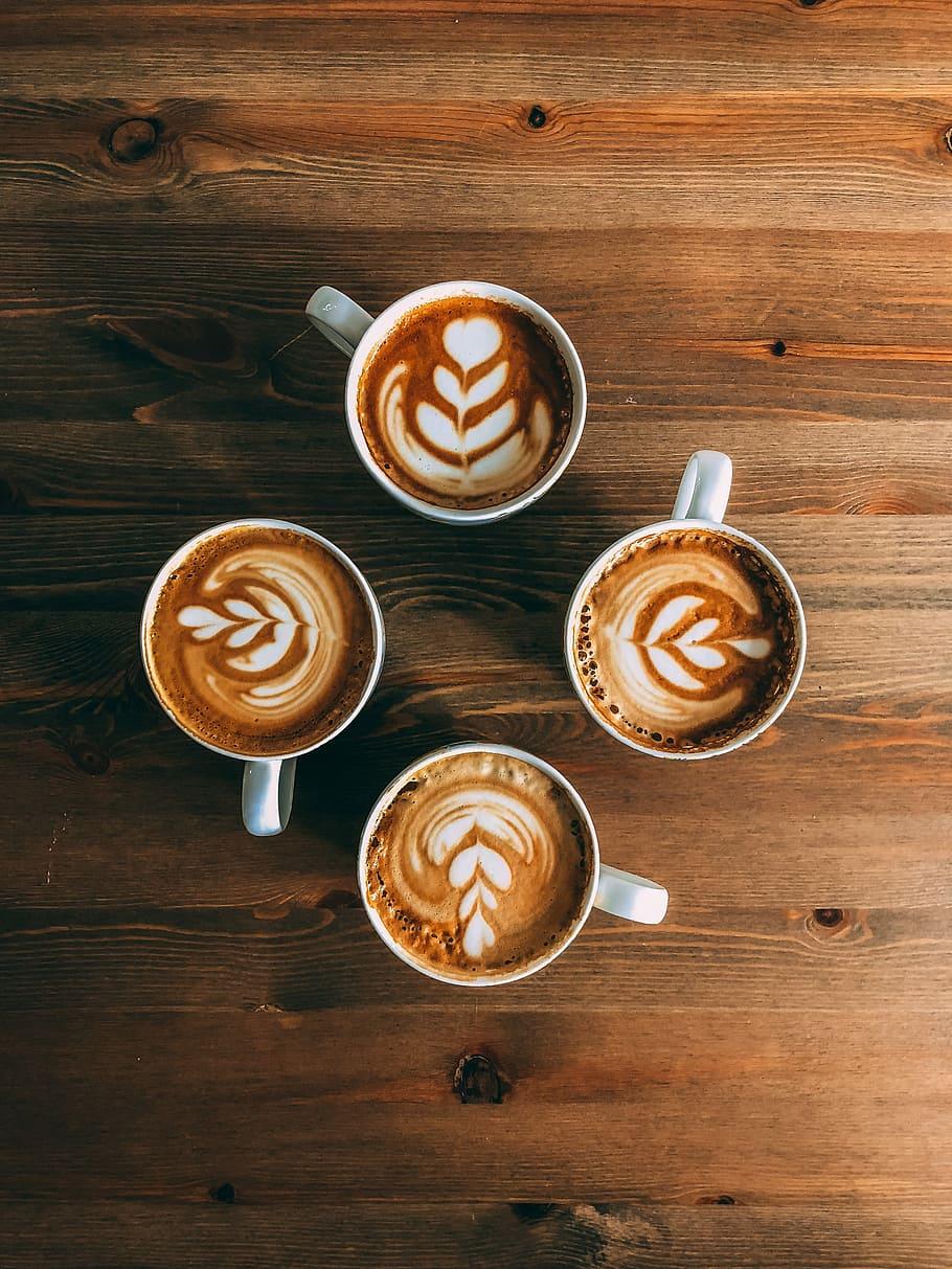 HD wallpaper: four mugs of latte arts, four espresso filled mugs