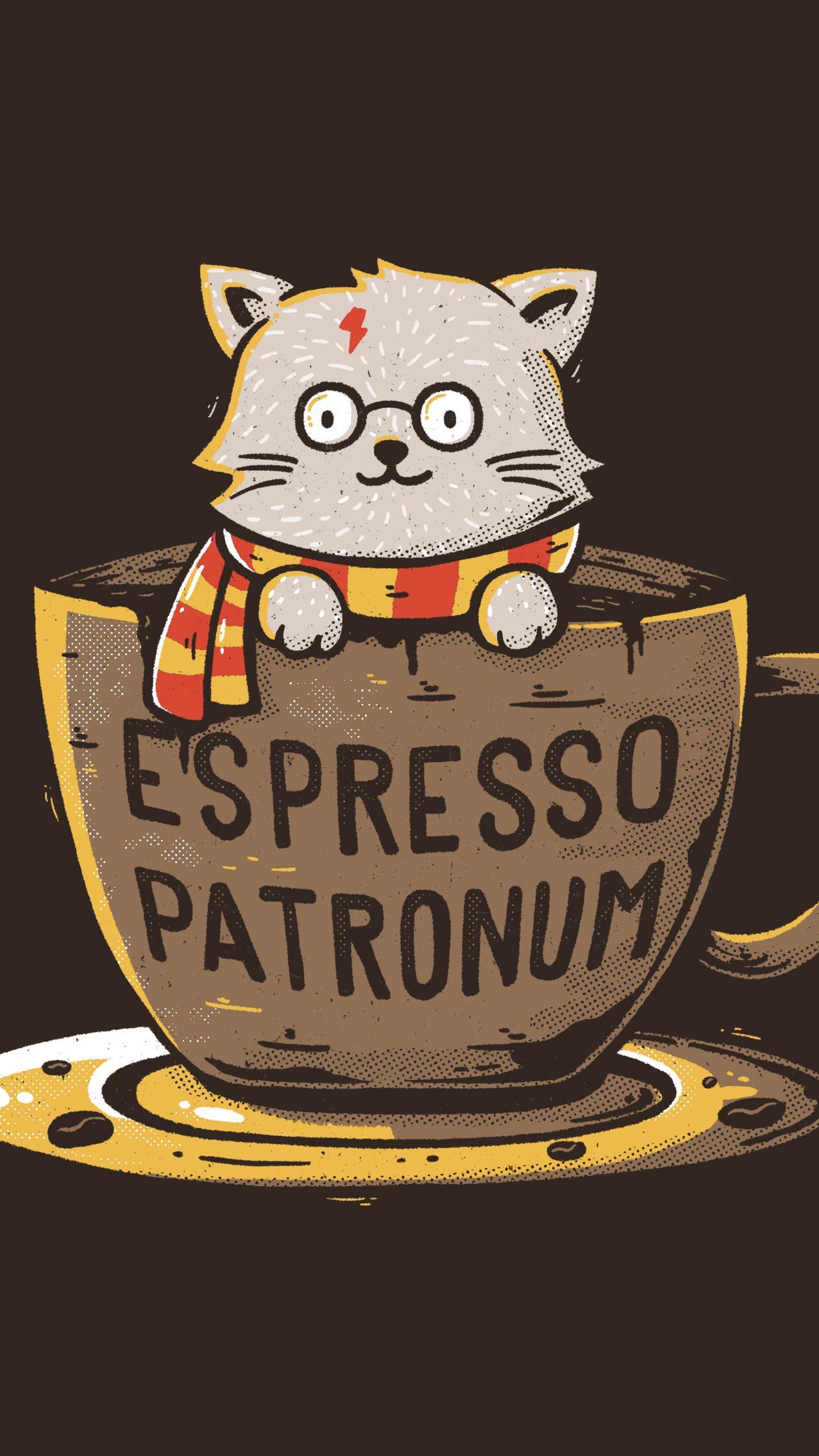 Purry Potter with “Espresso Patronum” spell on cup Wallpaper