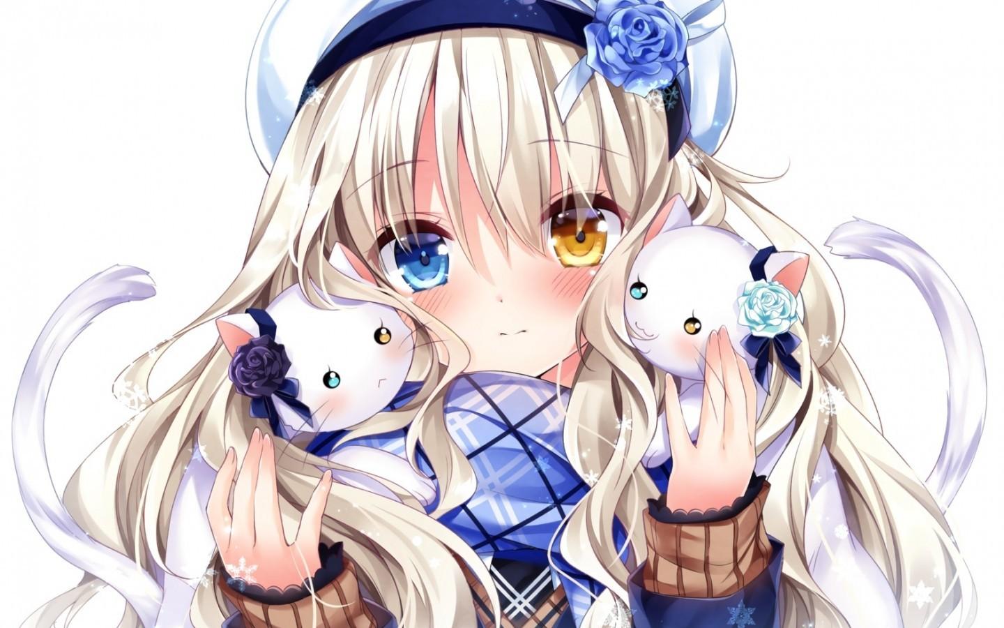 Download 1440x900 Anime Girl, Bicolored Eyes, Cats, Blonde