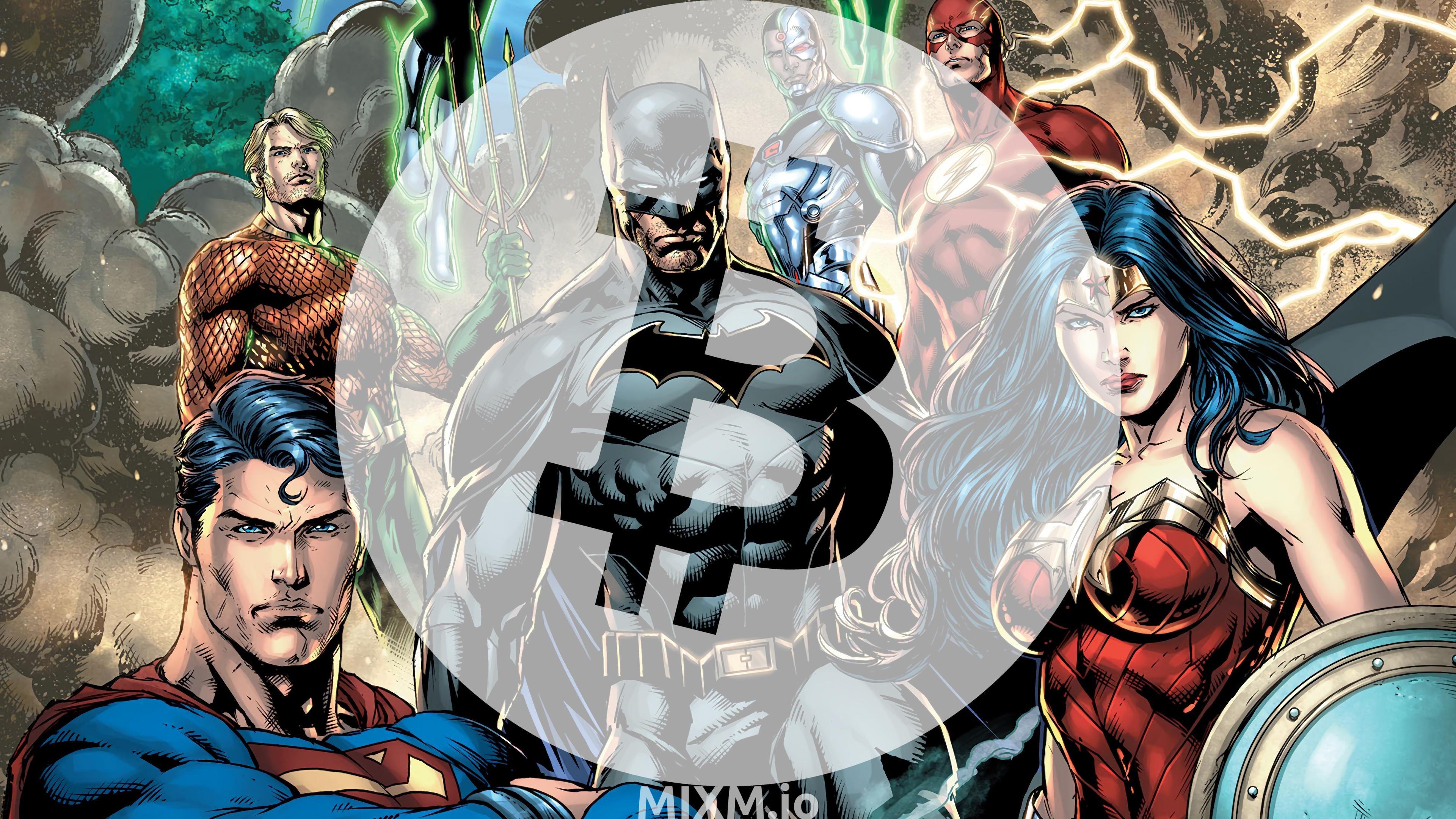 Bitcoin BTC Logo Justice League Superman Batman Wonder Woman