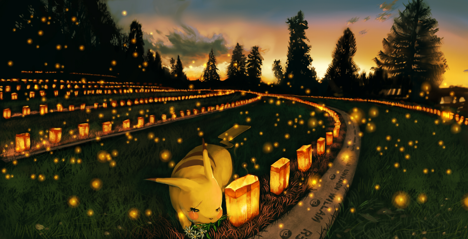 abe (jump) clouds crying flowers landscape pikachu pokemon scenic