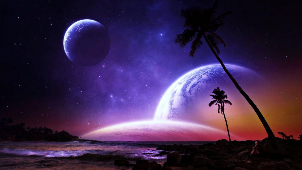 Planets palms fantasy dreams colorful beaches space stars