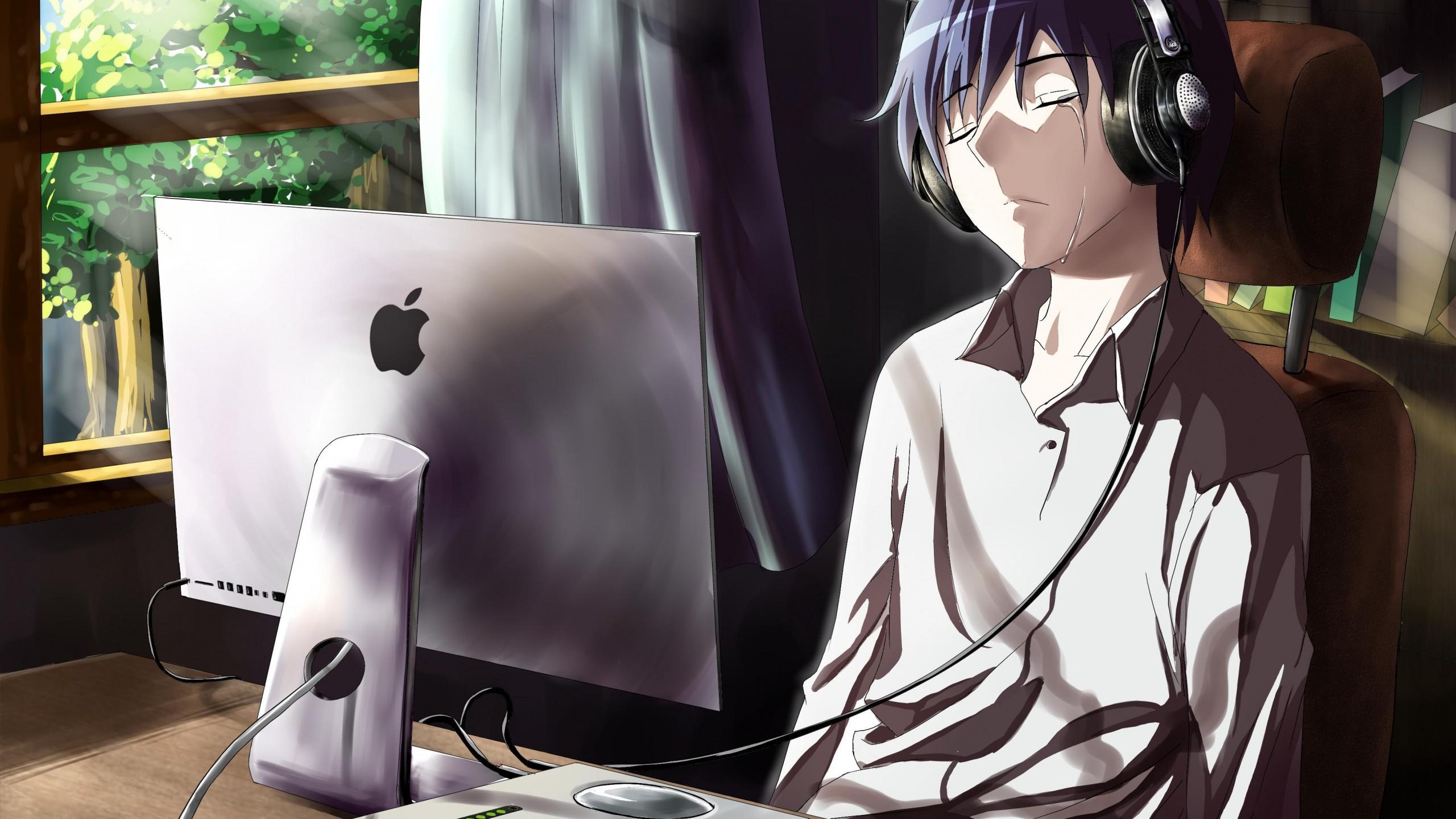 Guy, Anime, Computer, Tears, Sadness, Room Boy Wallpaper