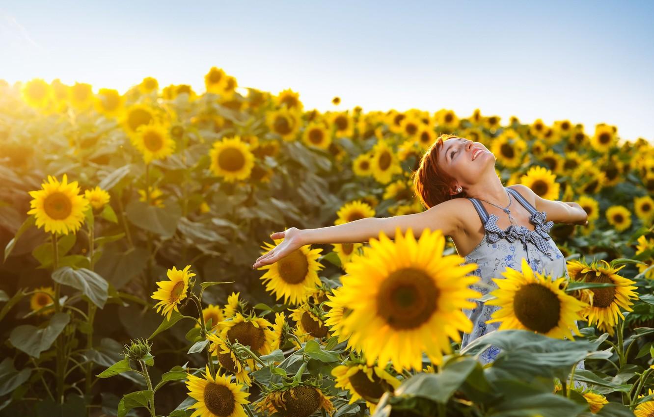 Wallpapers field, the sky, girl, joy, happiness, sunflowers.