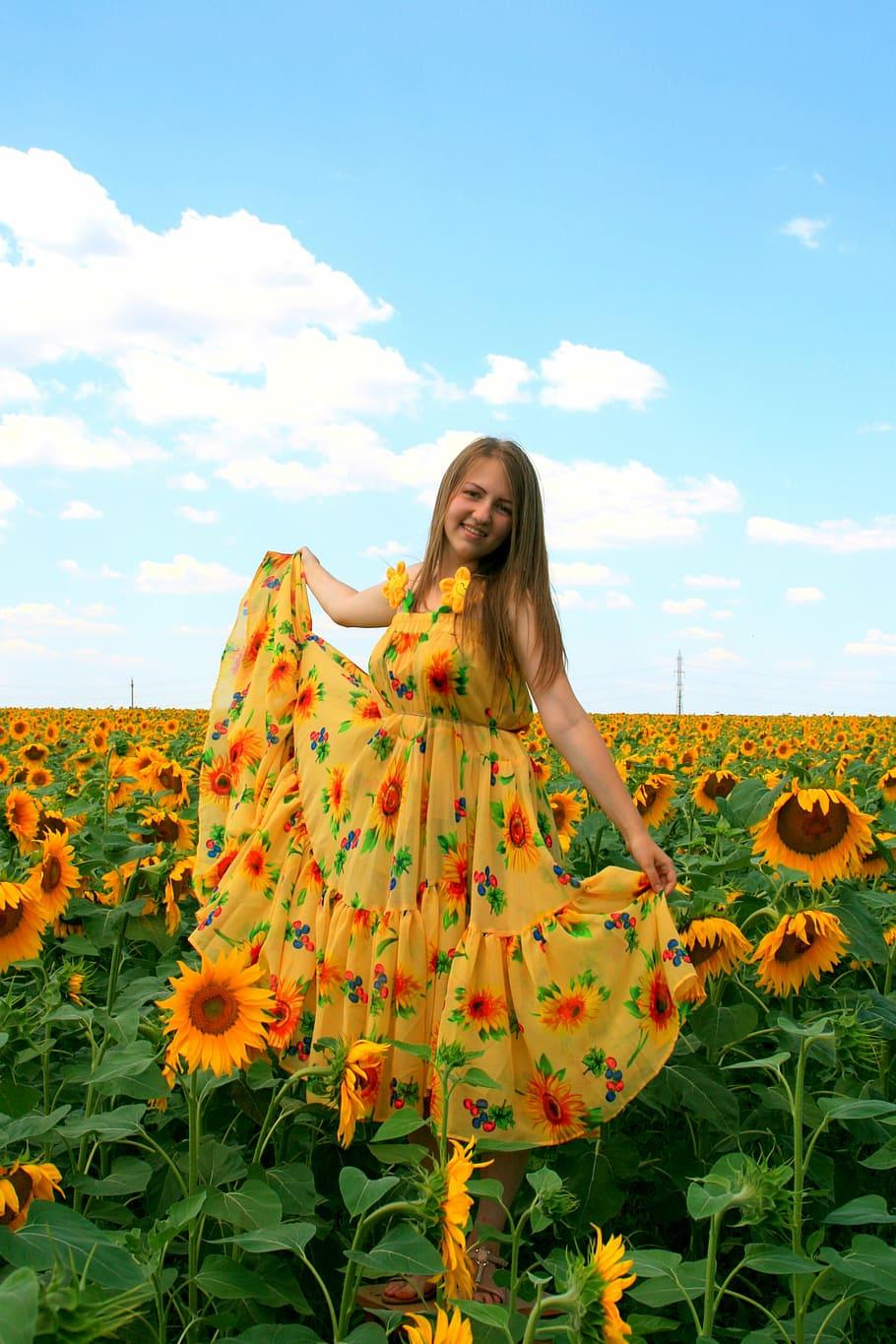 HD wallpaper: sunflower, girl, dress, yellow, plant, flowering