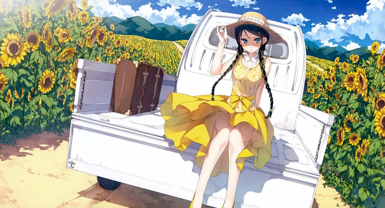 Original anime girl sunflower sunshine sunlight yellow dress car summer long hair wallpaperx2500