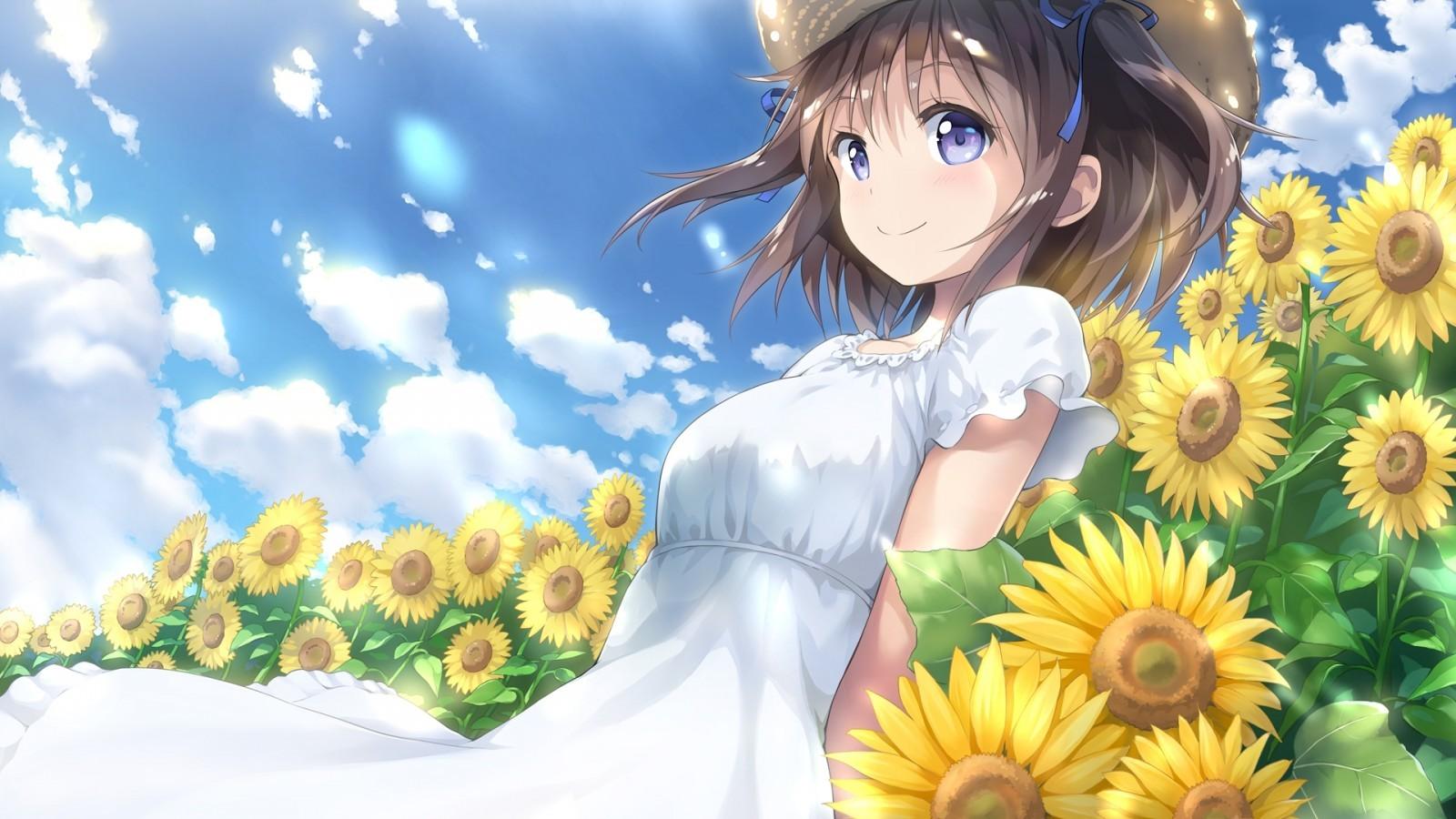 Download 1600x900 Sunflowers, Summer, Dress, Short Hair, Anime