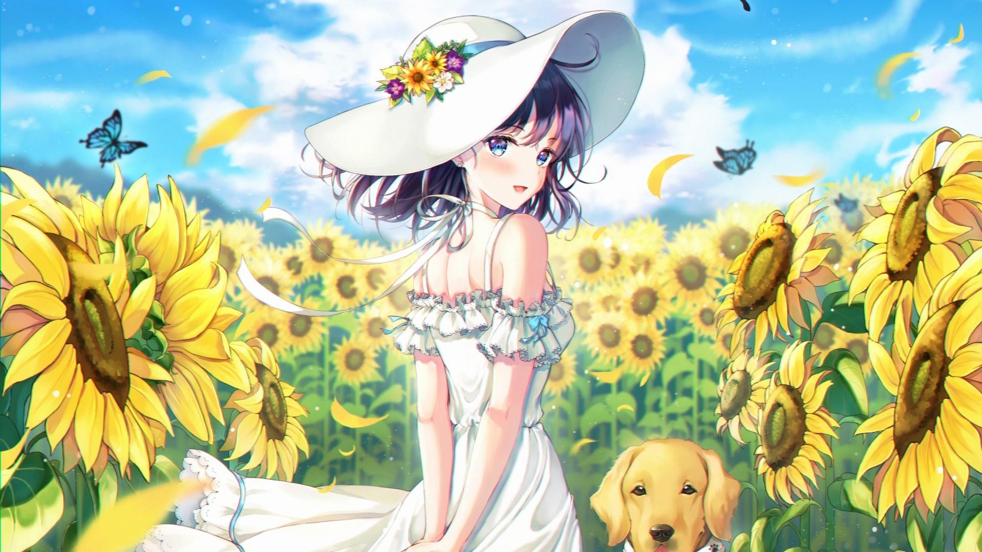 Download 1920x1080 Anime Girl, Summer Dress, Dog, Sunflower Field