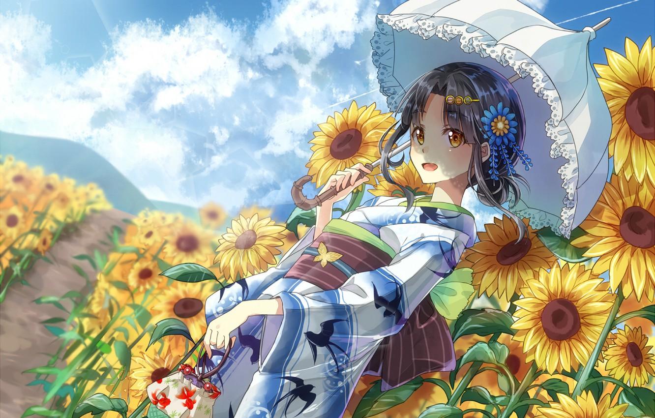 Wallpaper girl, sunflowers, umbrella, anime, art image