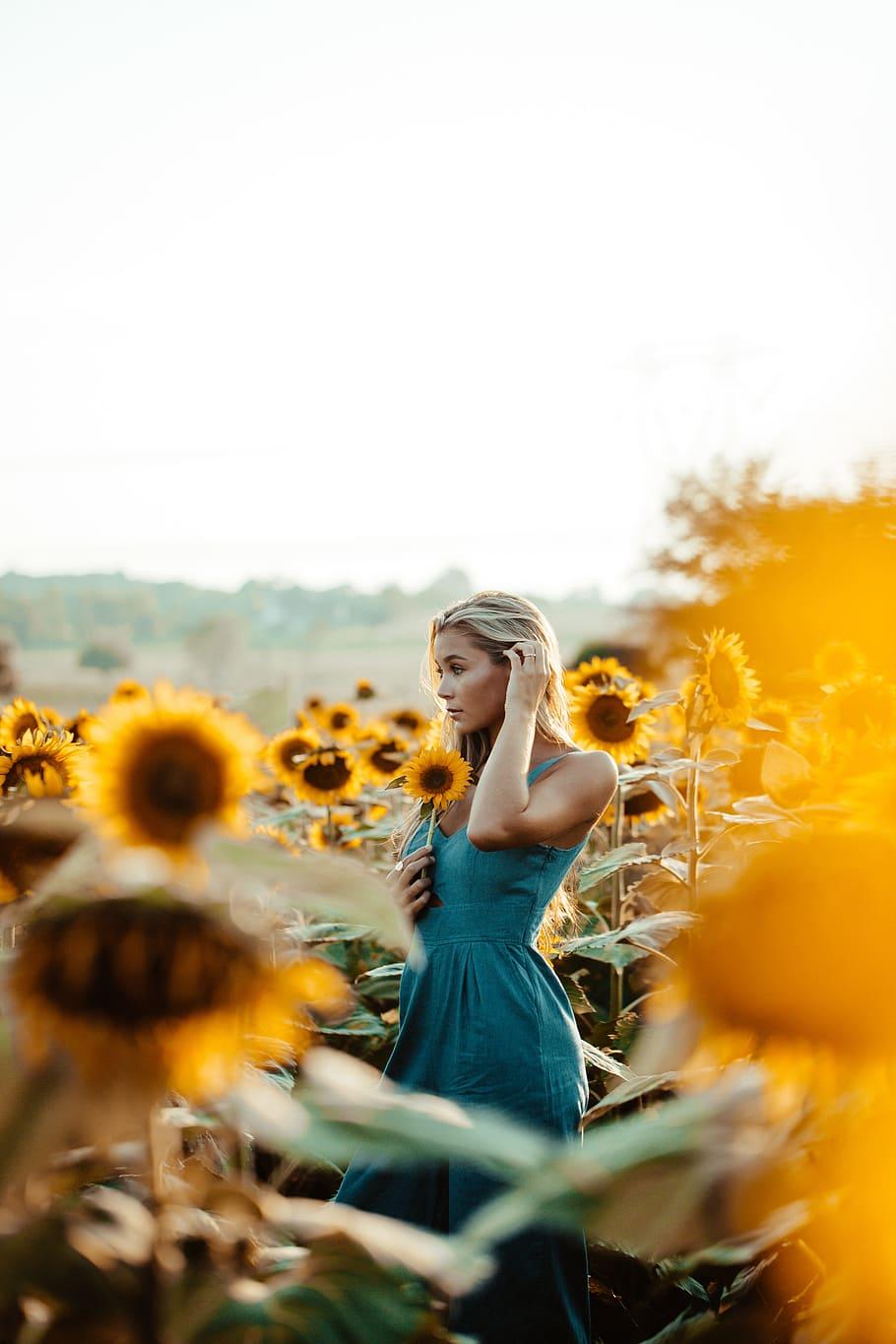 HD wallpaper: women's blu sleeveless dress, blue dress, sunflower